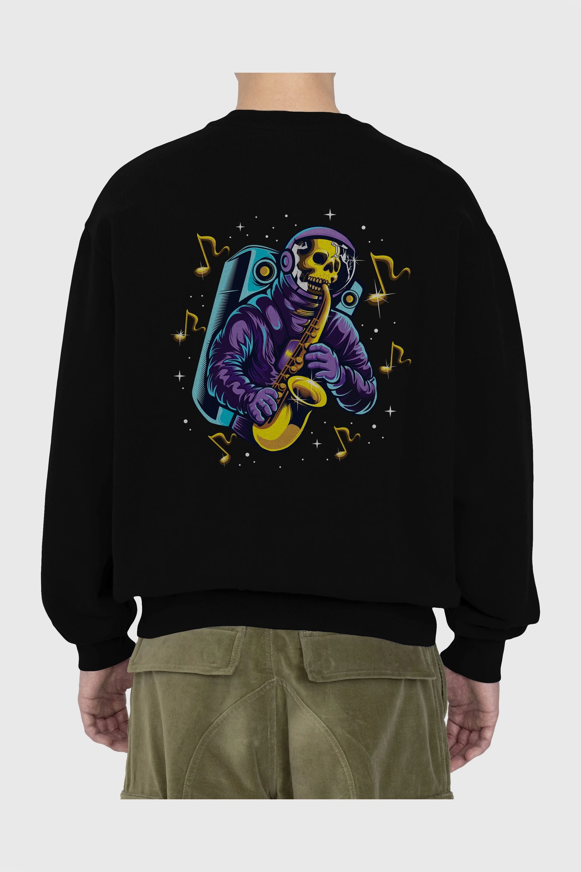 Astroskull Saxophonist Arka Baskılı Oversize Sweatshirt Erkek Kadın Unisex