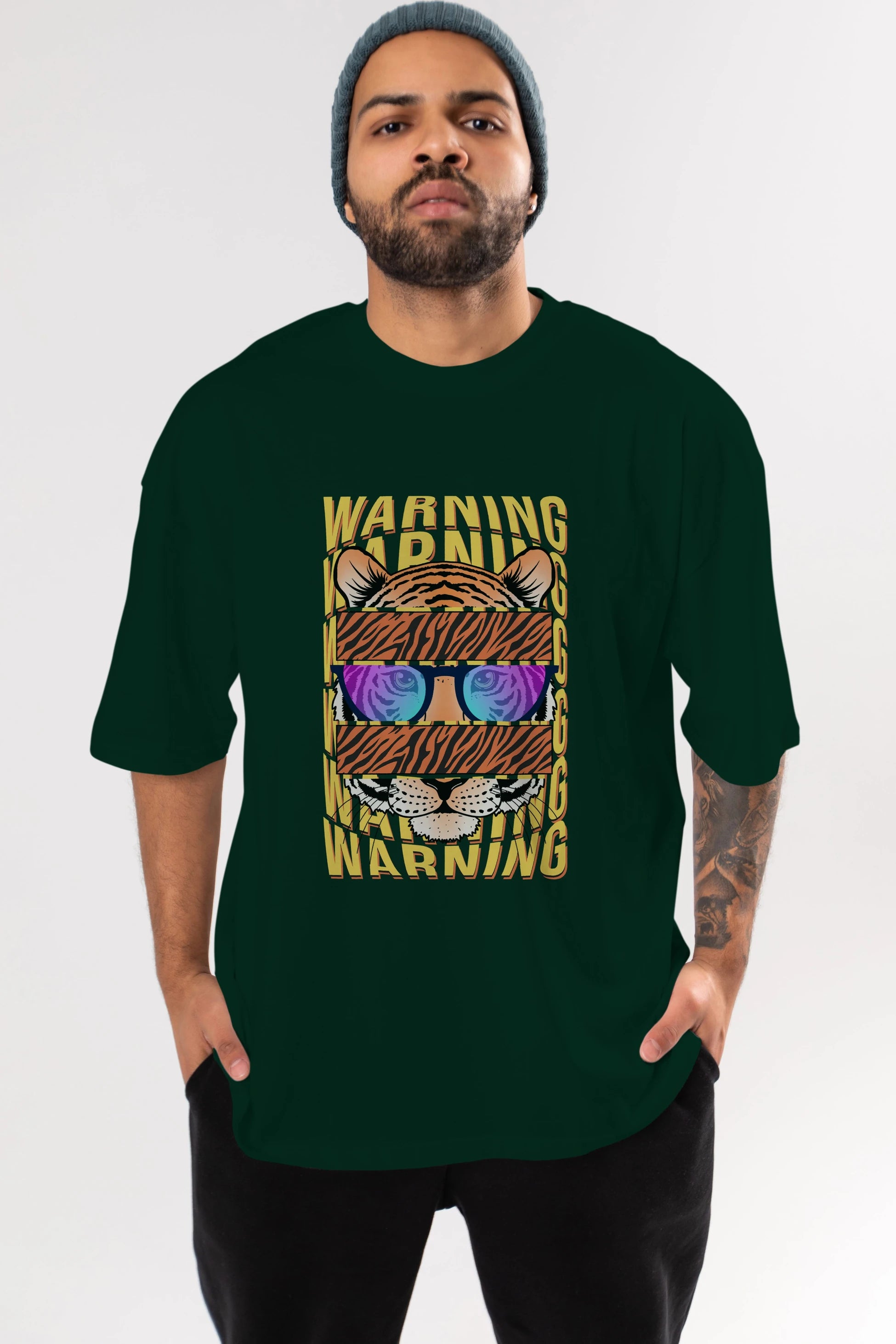 Warning Yazılı Ön Baskılı Oversize t-shirt Erkek Kadın Unisex