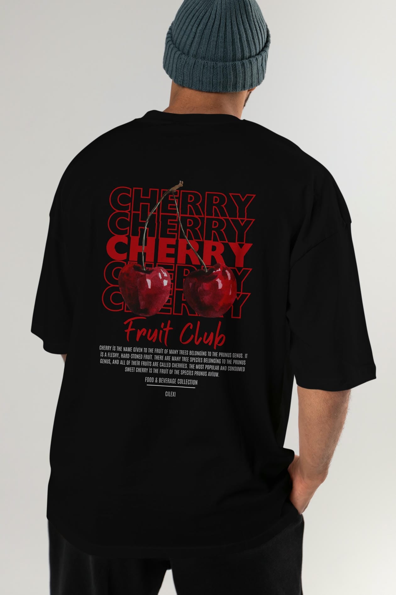 Cherry Arka Baskılı Oversize t-shirt Erkek Kadın Pamuk Bisiklet Yaka tişort