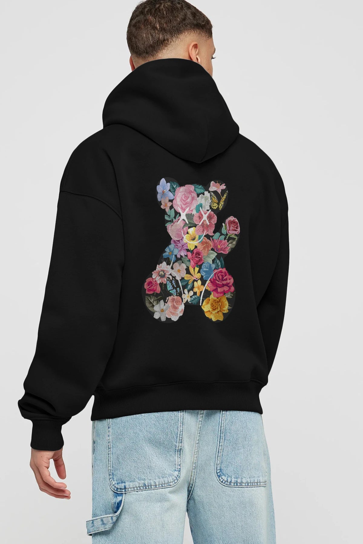 Flowers Bear Arka Baskılı Hoodie Oversize Kapüşonlu Sweatshirt Erkek Kadın Unisex