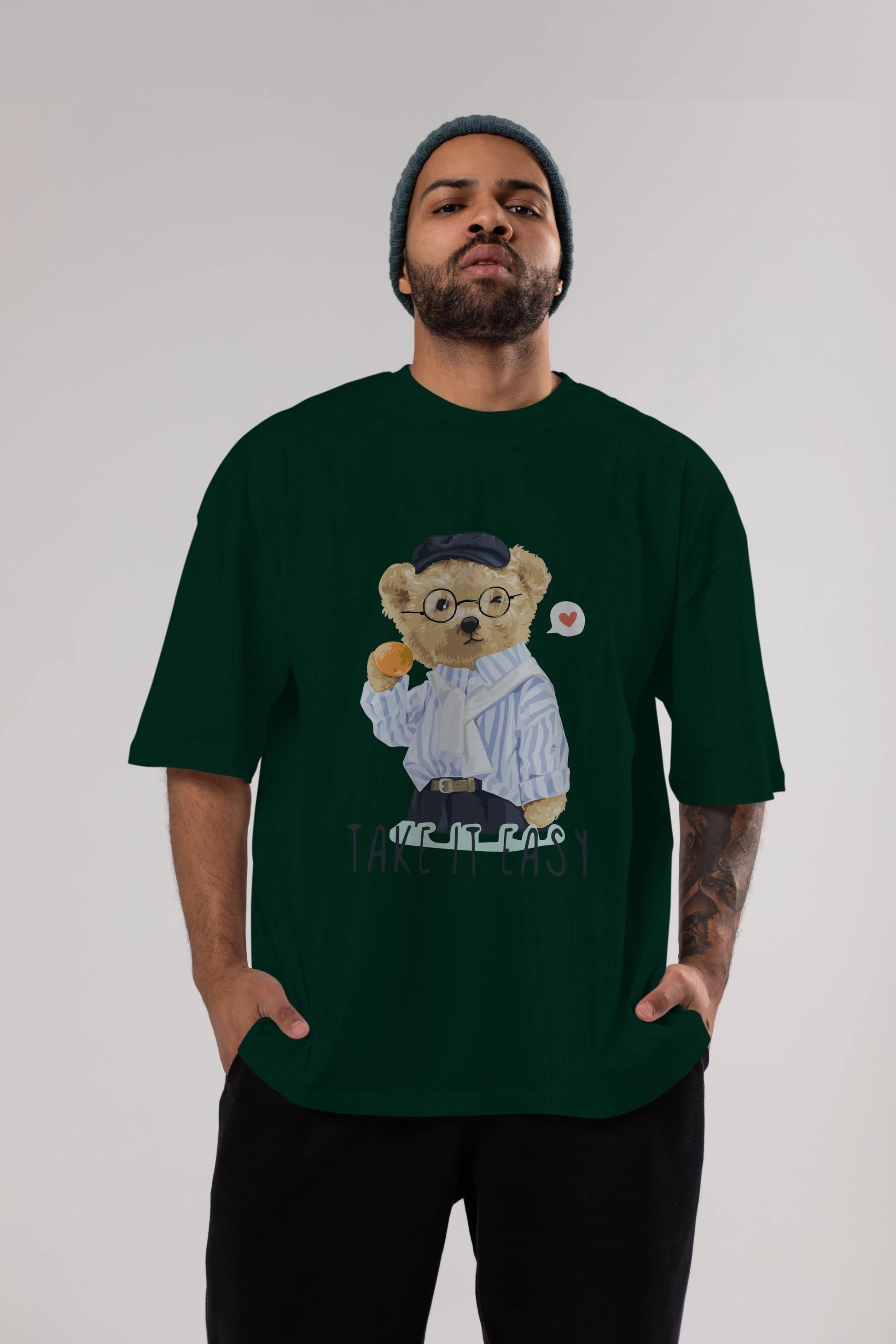 Teddy Bear Take it Easy Ön Baskılı Oversize t-shirt Erkek Kadın Unisex %100 Pamuk