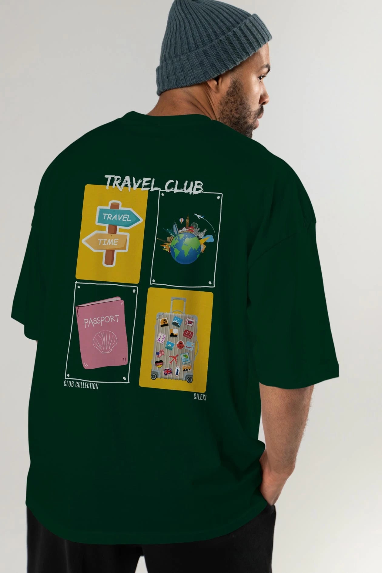 Travel Club Arka Baskılı Oversize t-shirt Erkek Kadın %100 Pamuk Bisiklet Yaka tişort