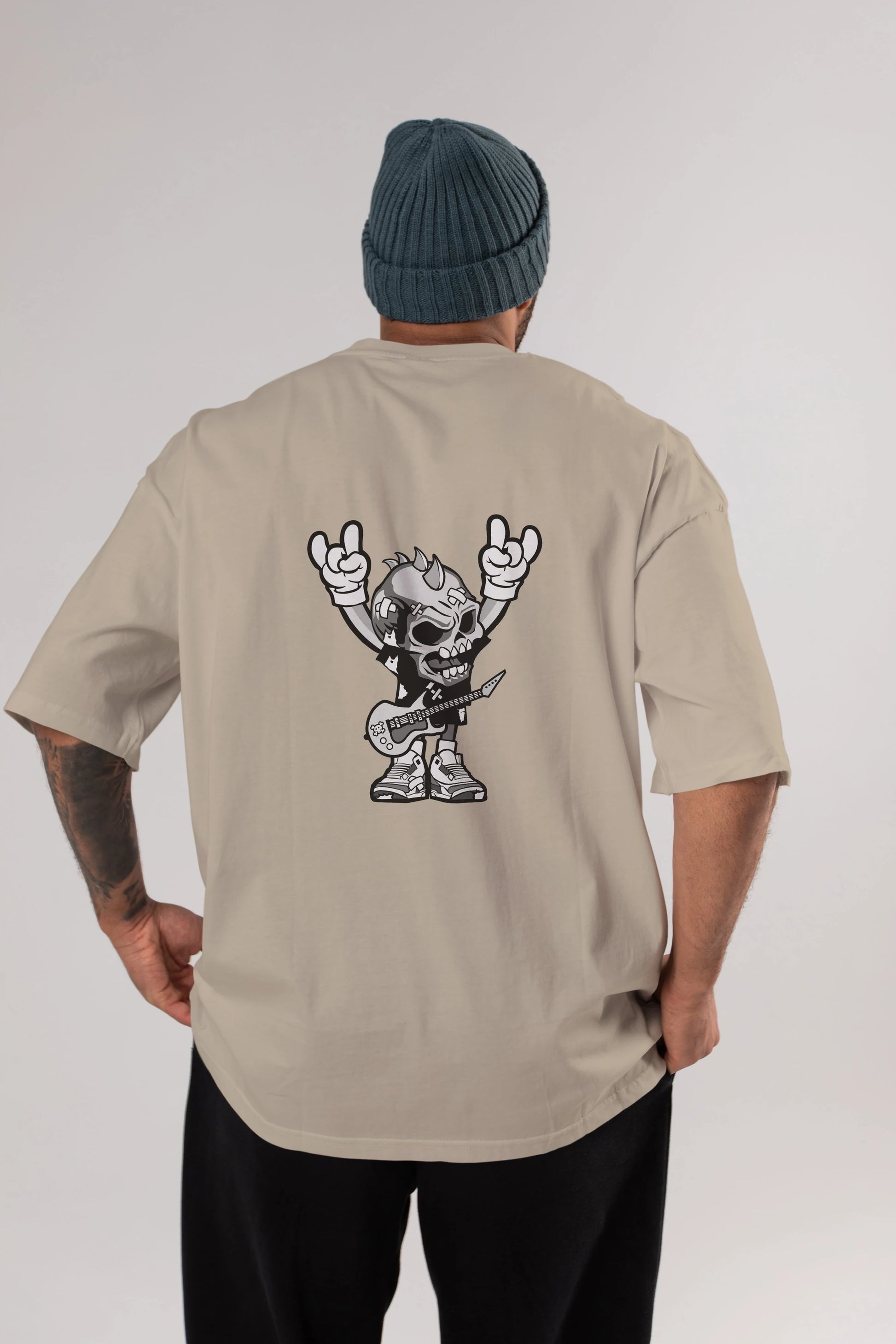 Punk Rock Skull Arka Baskılı Oversize t-shirt Erkek Kadın Unisex %100 Pamuk tişort