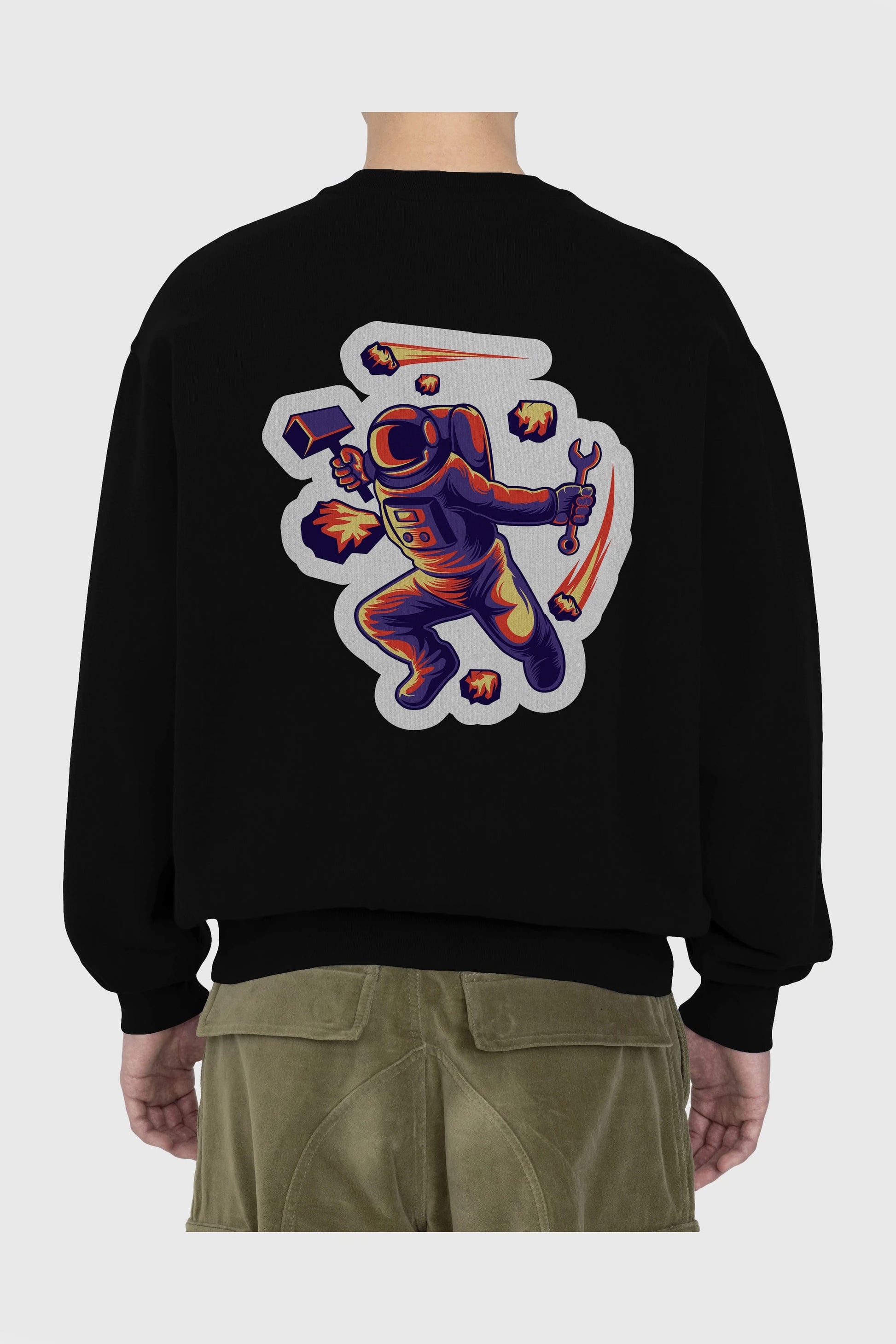 Astronaut Block Meteor Sticker Arka Baskılı Oversize Sweatshirt Erkek Kadın Unisex