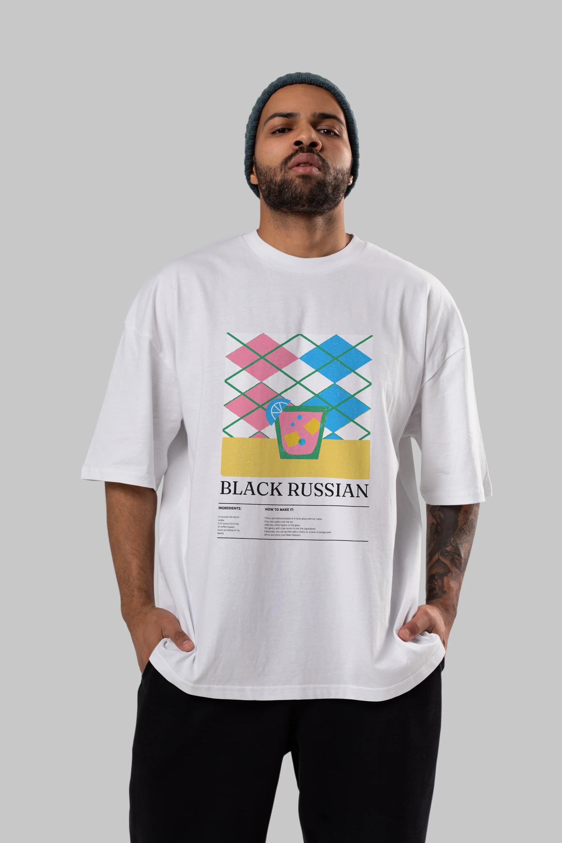 Black Russian Kokteyl Ön Baskılı Oversize t-shirt Erkek Kadın %100 Pamuk Bisiklet Yaka tişort