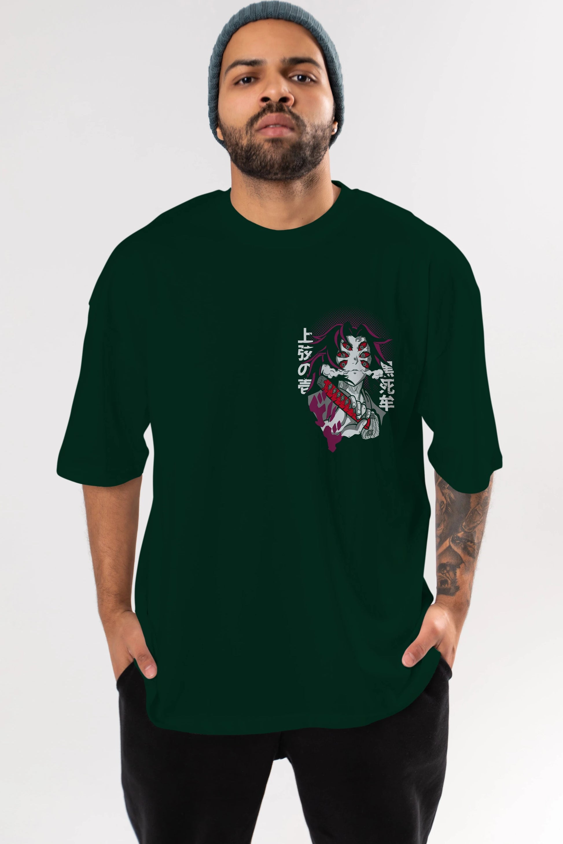 Kokushibo Ön Sol Baskılı Oversize t-shirt Erkek Kadın Unisex %100 Pamuk Bisiklet Yaka tişort