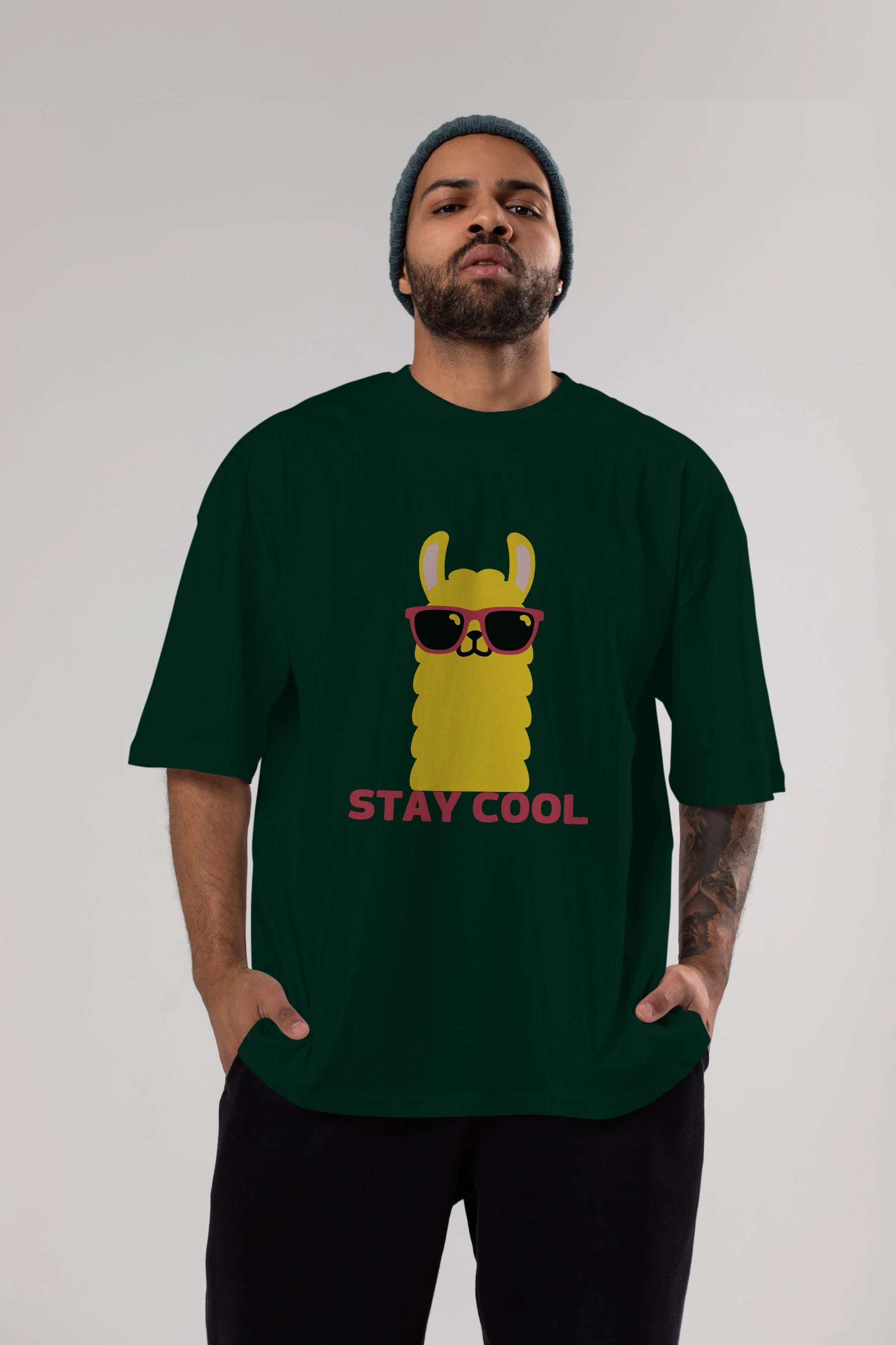 Stay Cool Yazılı Lama Ön Baskılı Oversize t-shirt Erkek Kadın Unisex