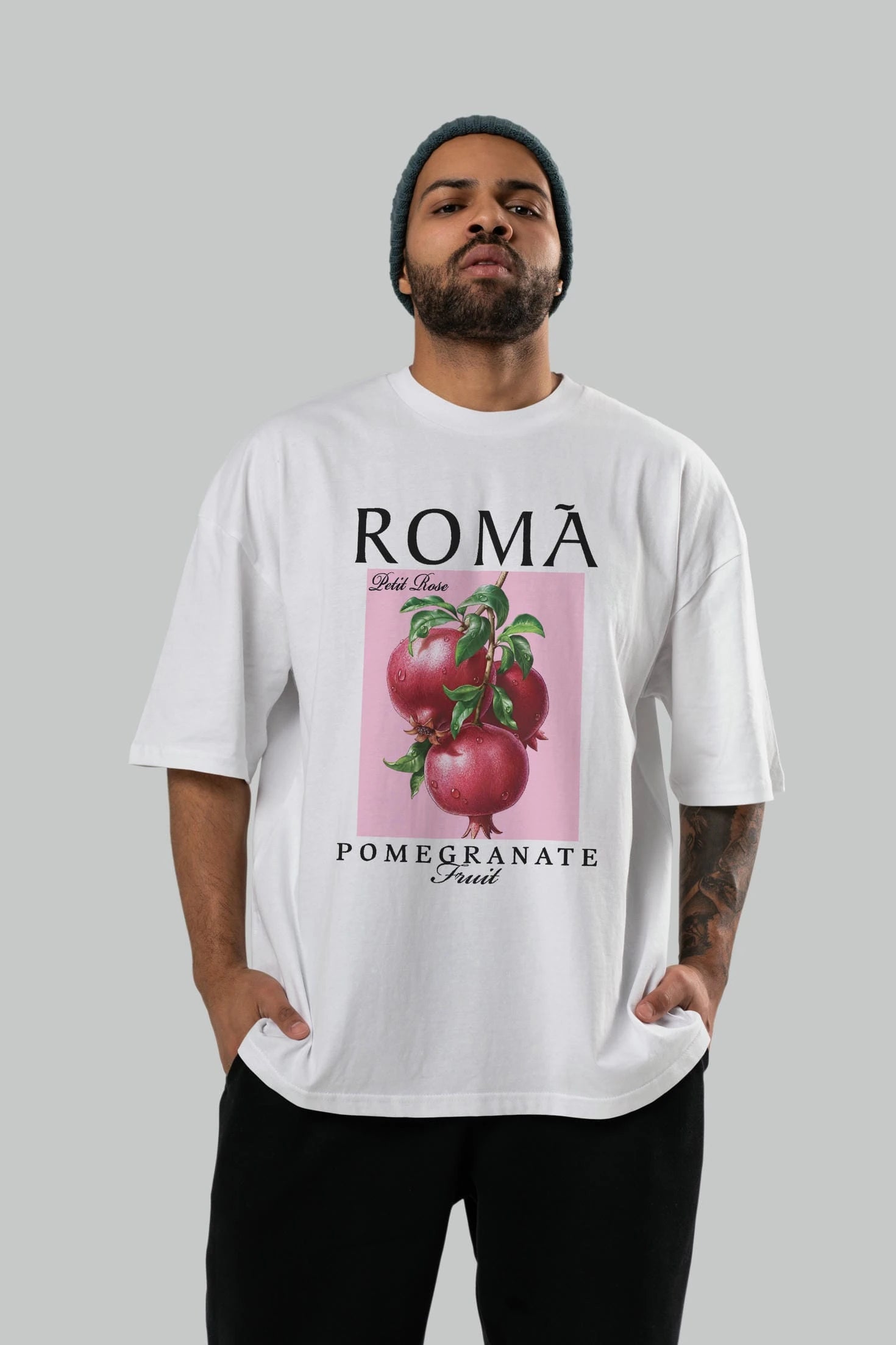 Roma Pomegranate Nar Ön Baskılı Oversize t-shirt Erkek Kadın Pamuk Bisiklet Yaka tişort