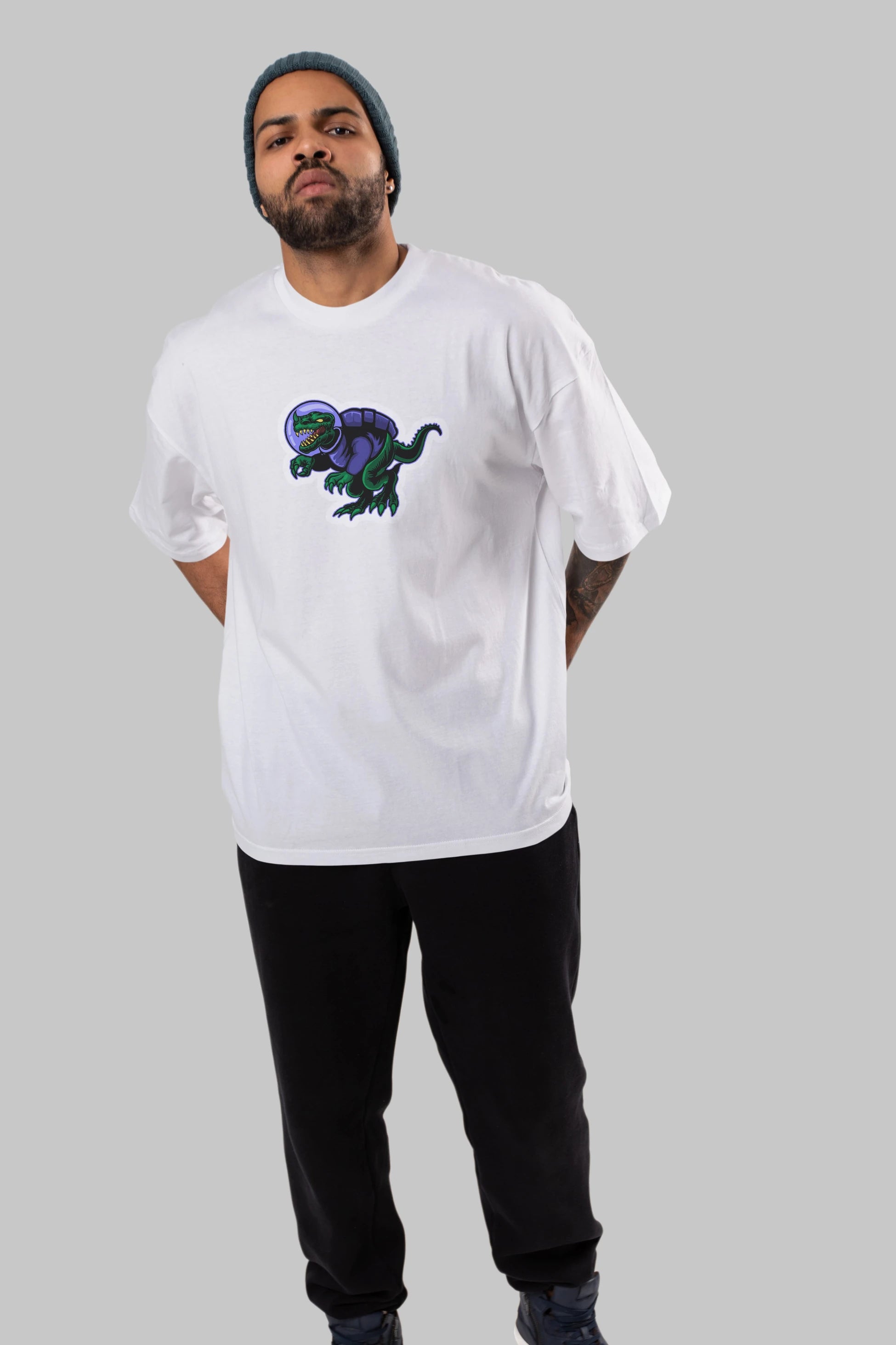 Space Dino Sticker Ön Baskılı Oversize t-shirt Erkek Kadın Unisex