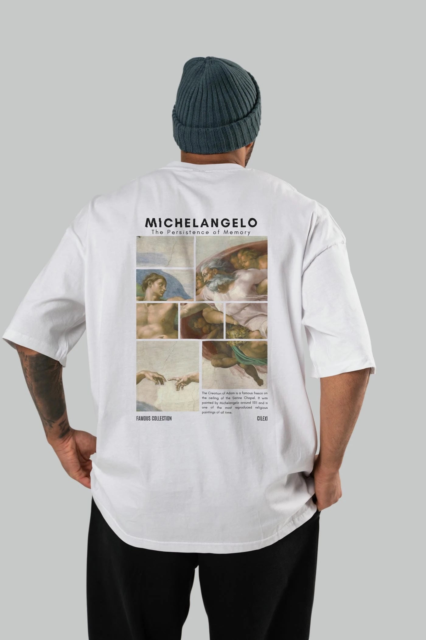 Michelangelo Arka Baskılı Oversize t-shirt Erkek Kadın Bisiklet Yaka Pamuk tişort