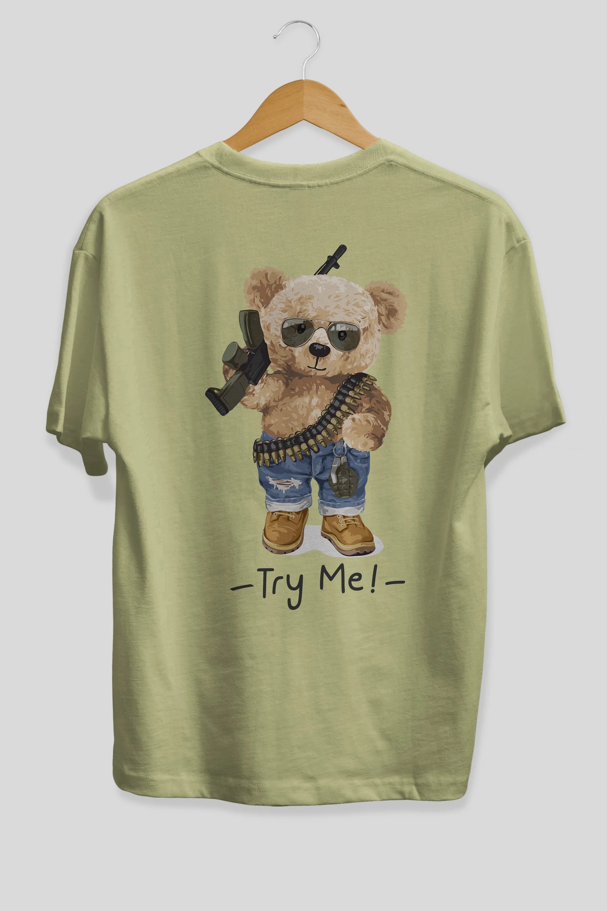 Teddy Bear Try Me Arka Baskılı Oversize t-shirt Erkek Kadın Unisex %100 Pamuk