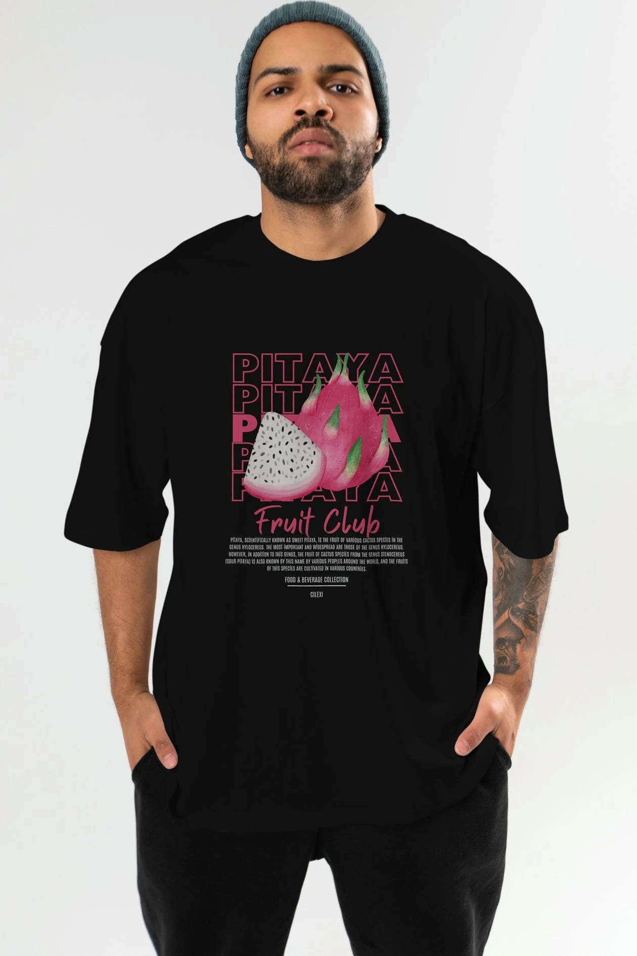 Pitaya Ön Baskılı Oversize t-shirt Erkek Kadın Pamuk Bisiklet Yaka tişort