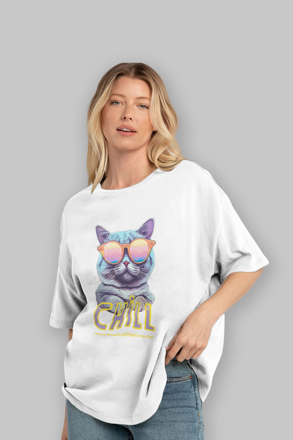 Chill Cat Ön Baskılı Oversize t-shirt Erkek Kadın Unisex