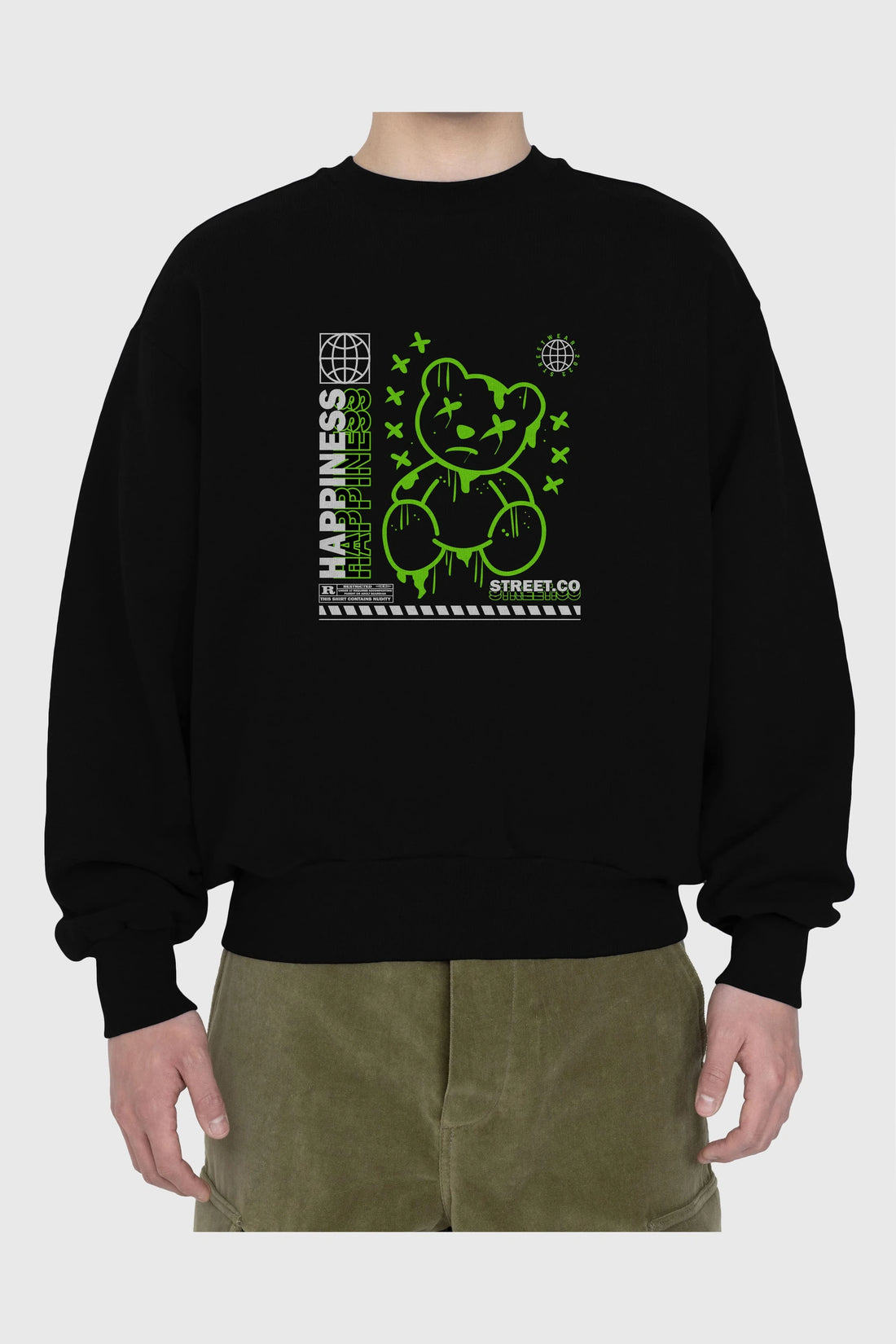 Happiness Bear 3 Ön Baskılı Oversize Sweatshirt Erkek Kadın Unisex