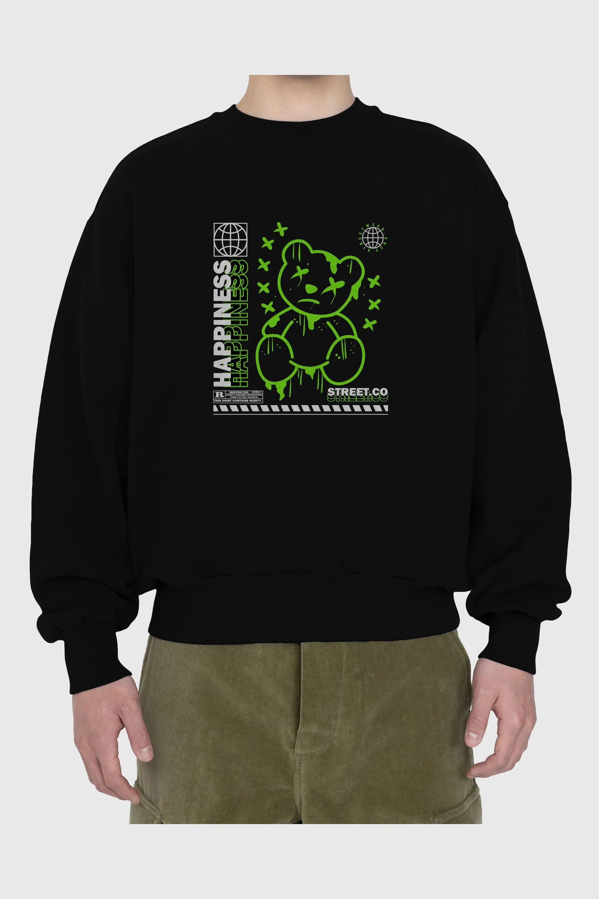 Happiness Bear 3 Ön Baskılı Oversize Sweatshirt Erkek Kadın Unisex