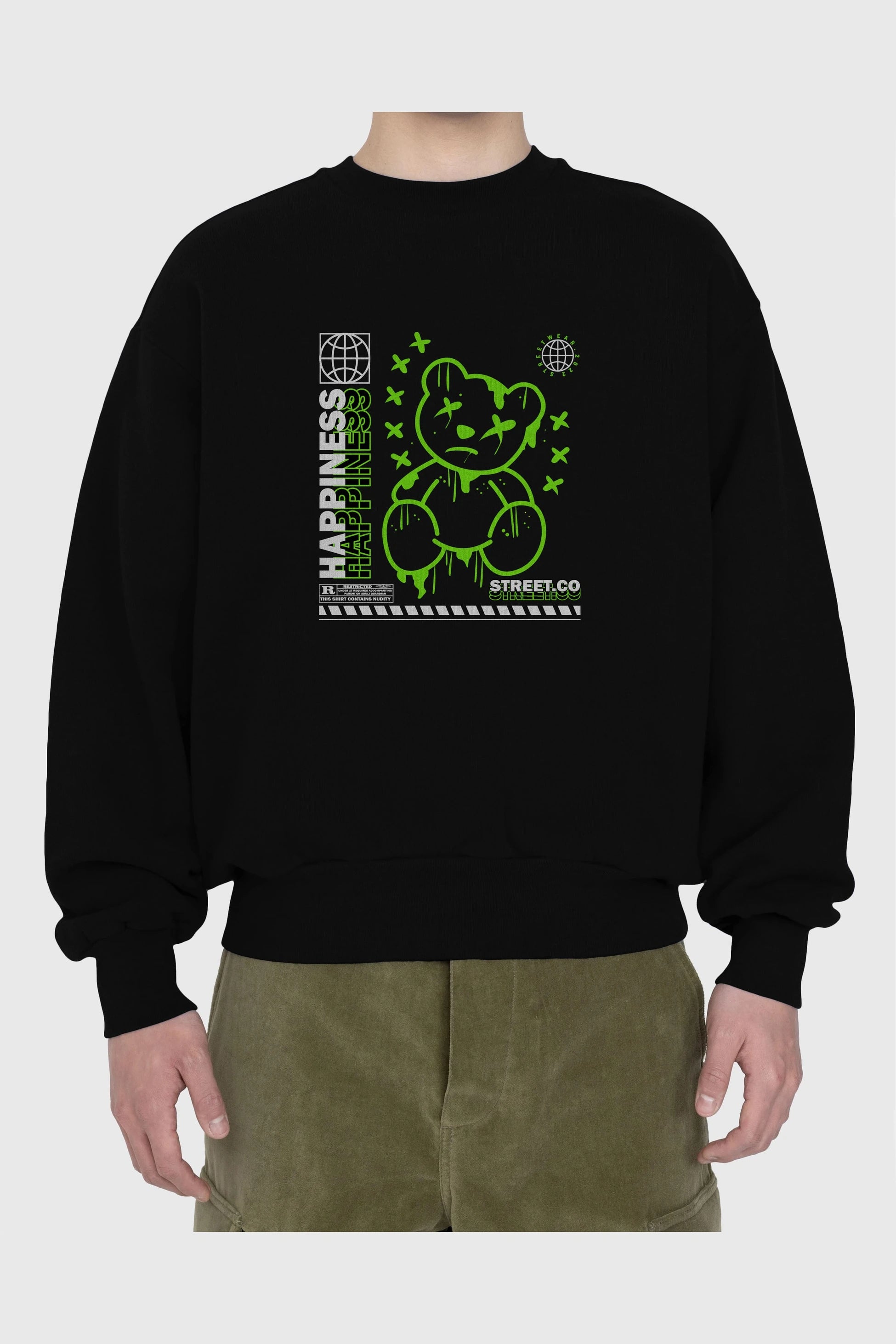 Happiness Bear 3 Ön Baskılı Oversize Sweatshirt Erkek Kadın Unisex