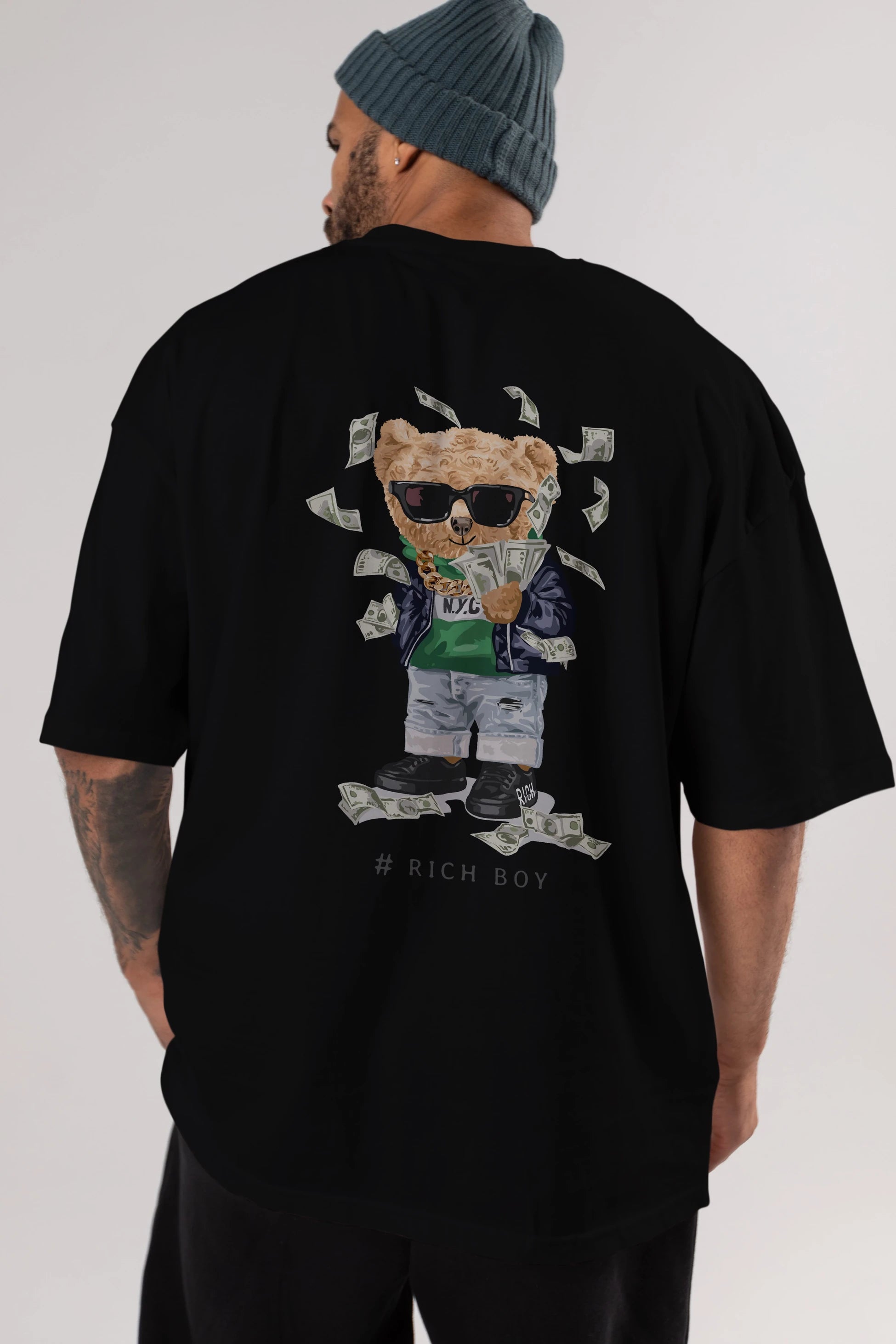 Teddy Bear Rich Boy Arka Baskılı Oversize t-shirt Erkek Kadın Unisex %100 Pamuk