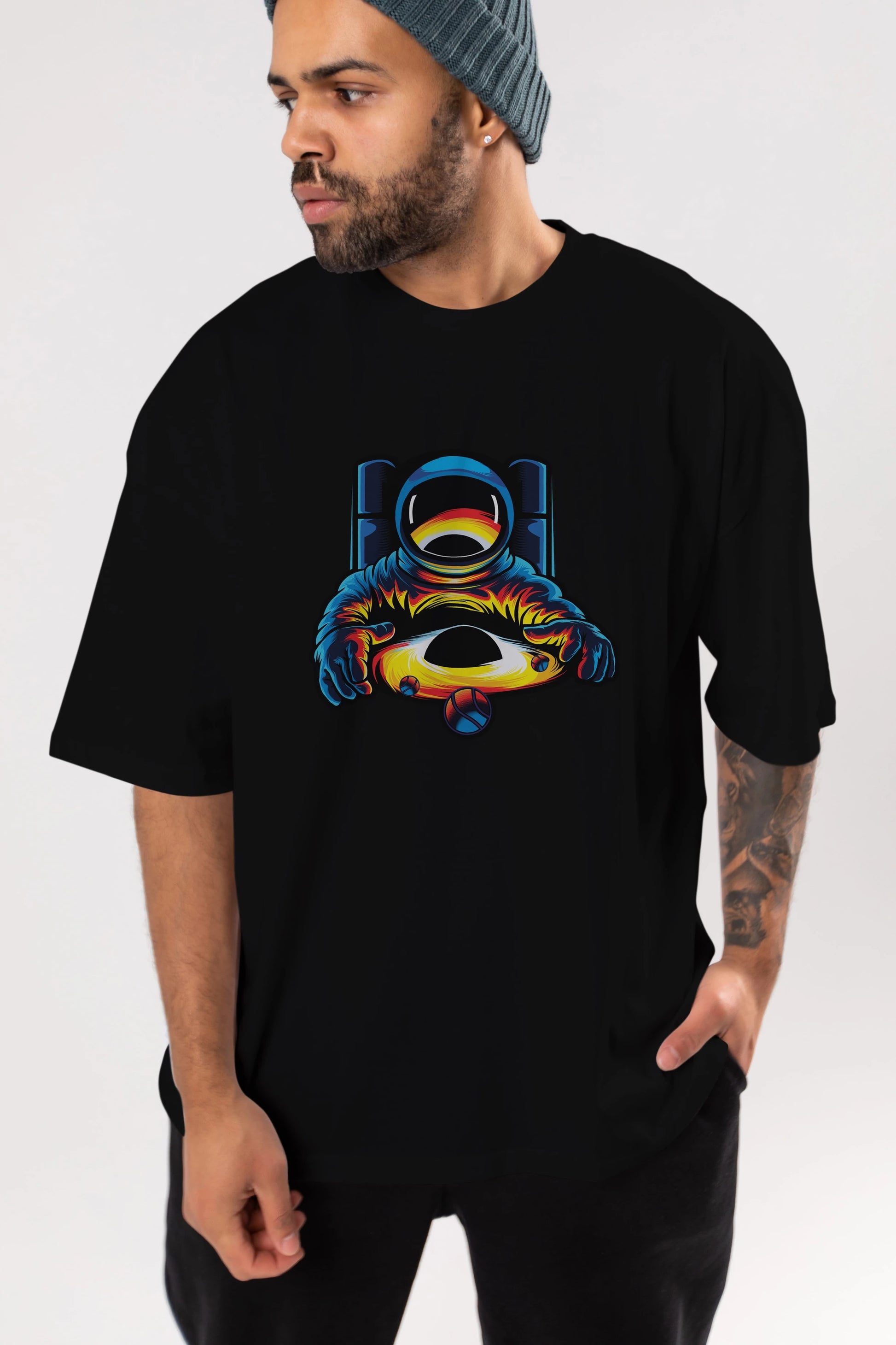 Astronaut & Black Hole Ön Baskılı Oversize t-shirt Erkek Kadın Unisex