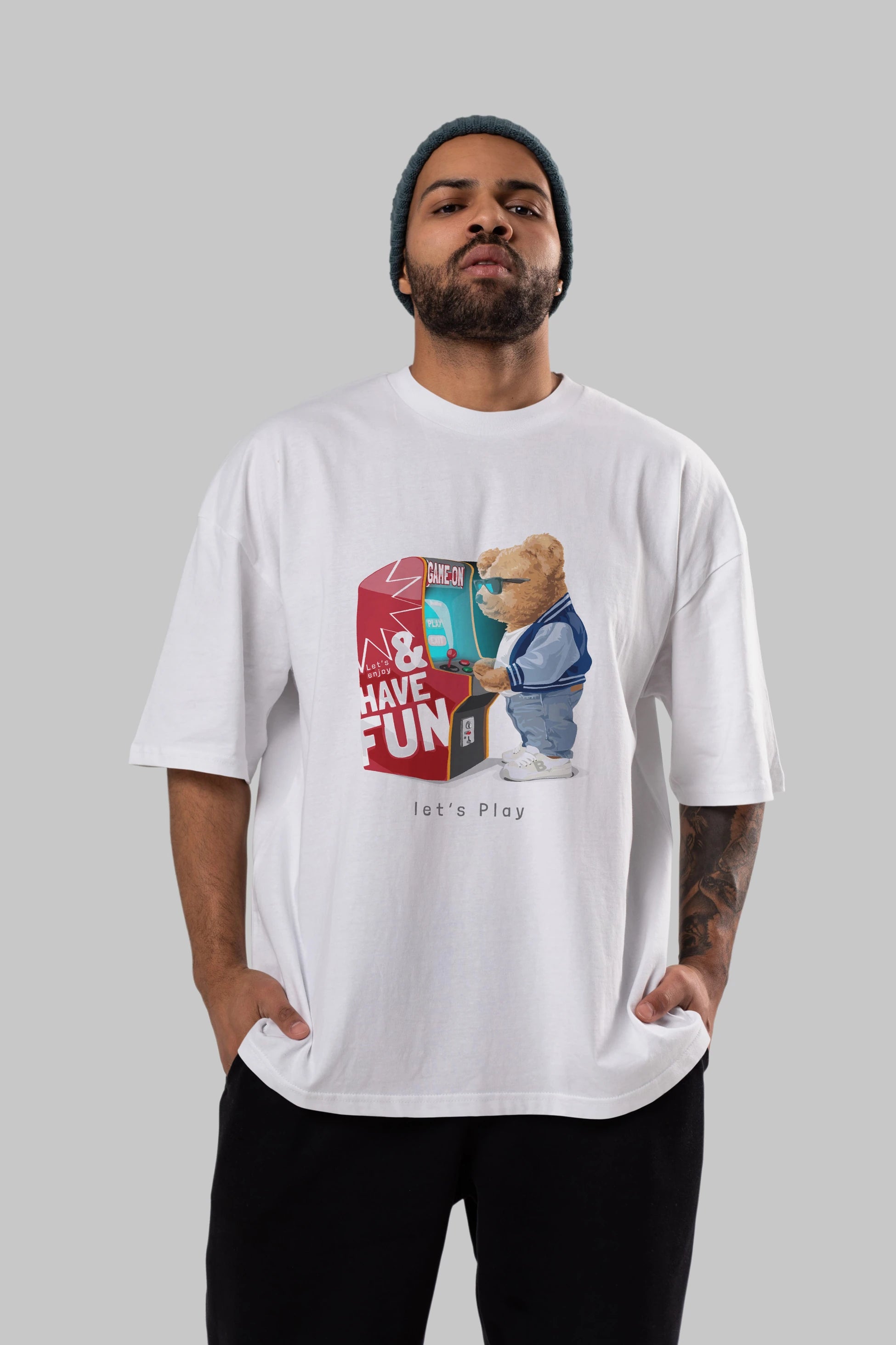 Teddy Bear Lets Play Ön Baskılı Oversize t-shirt Erkek Kadın Unisex %100 Pamuk