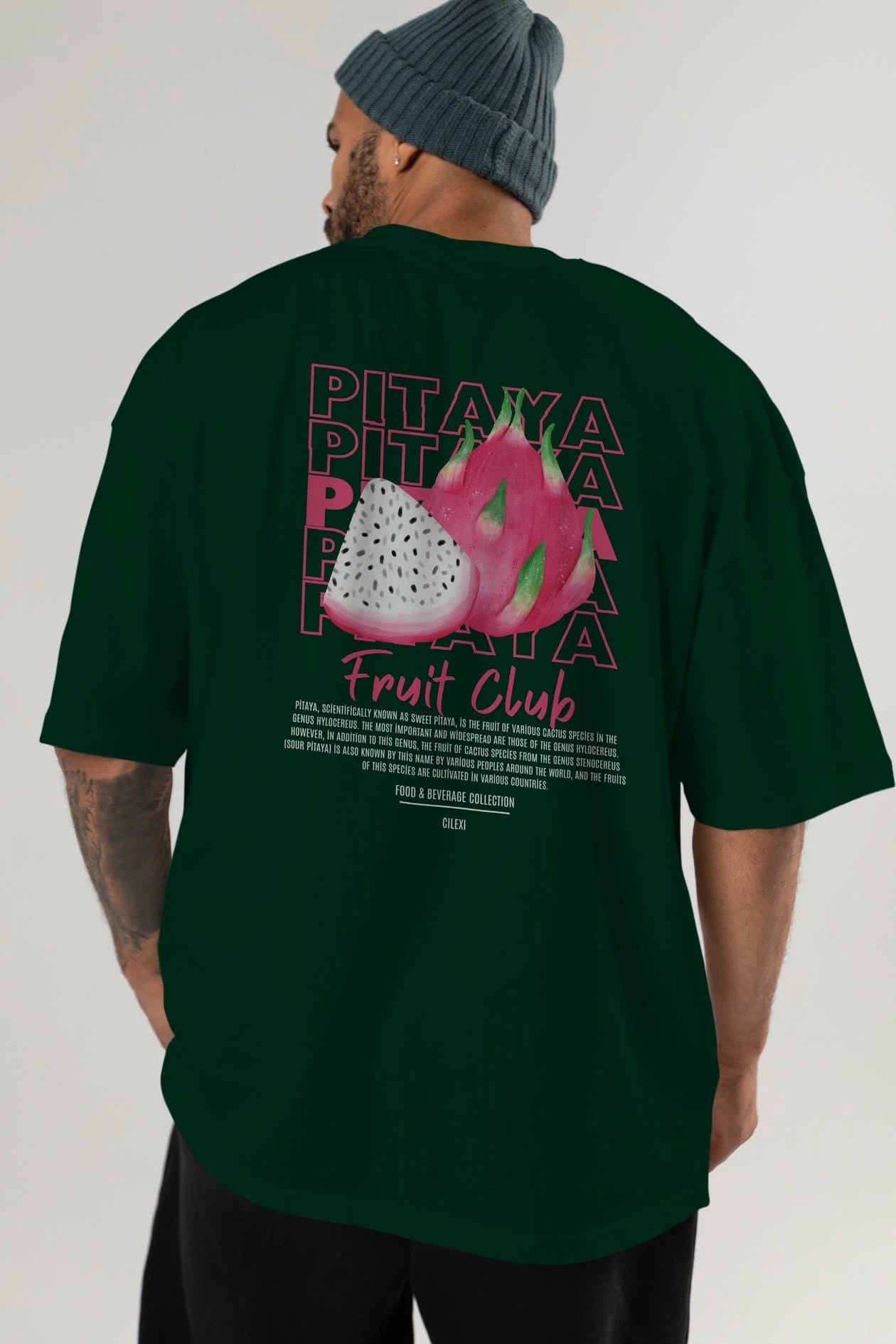 Pitaya Arka Baskılı Oversize t-shirt Erkek Kadın Pamuk Bisiklet Yaka tişort