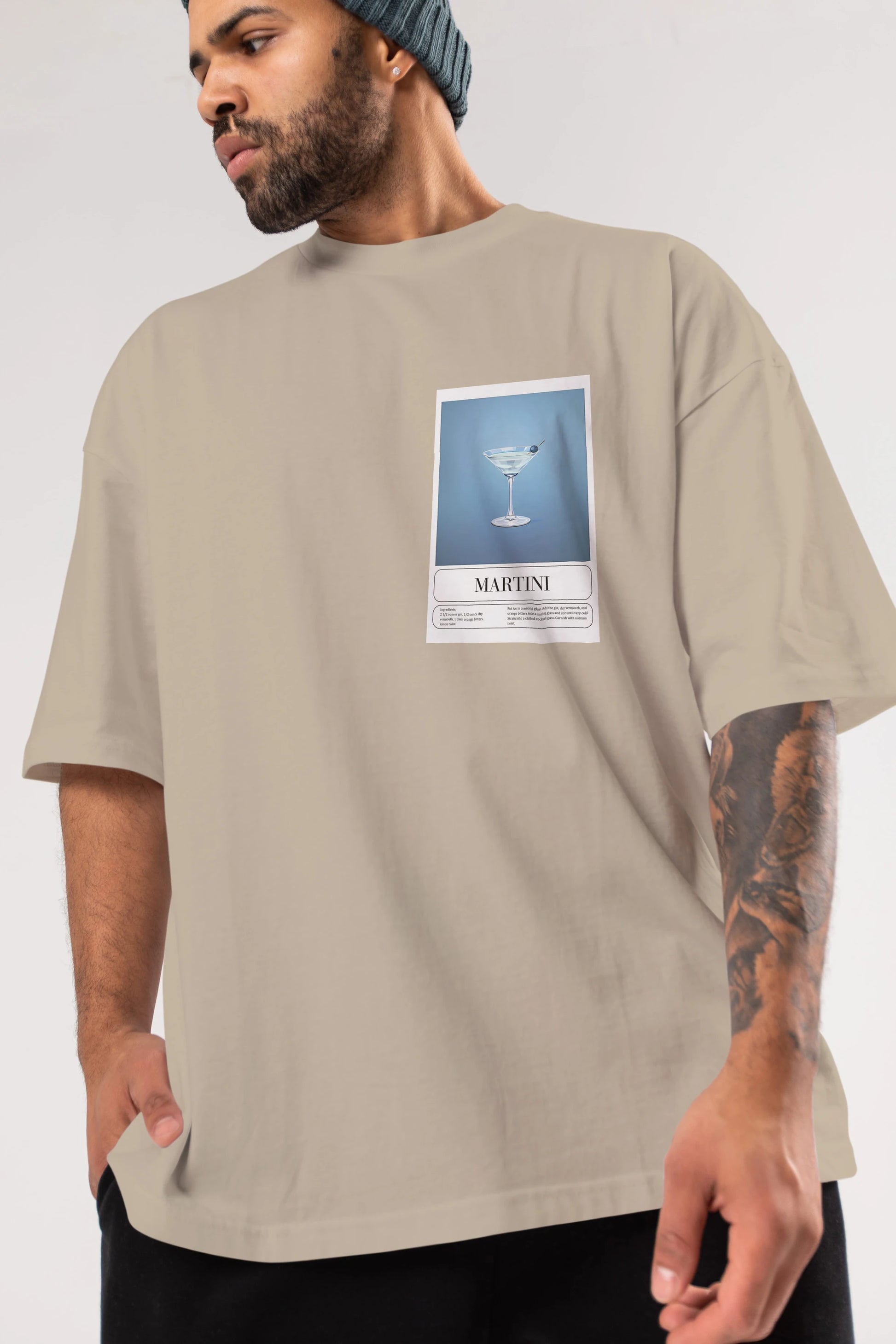 Martini Ön Sol Baskılı Oversize t-shirt Erkek Kadın Unisex %100 Pamuk Bisiklet Yaka tişort