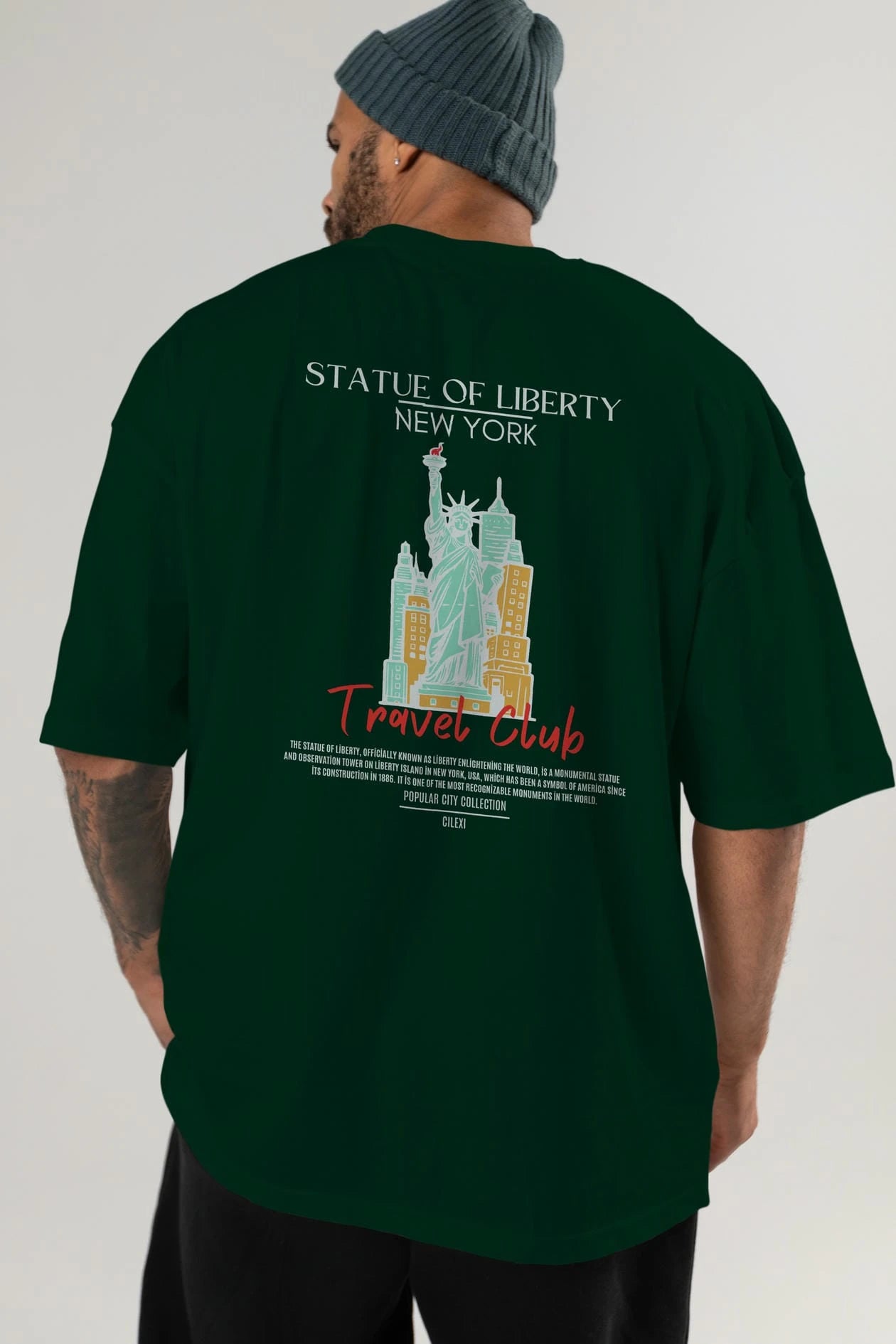 Statue Of Liberty New York Arka Baskılı Oversize t-shirt Erkek Kadın Pamuk Bisiklet Yaka tişort