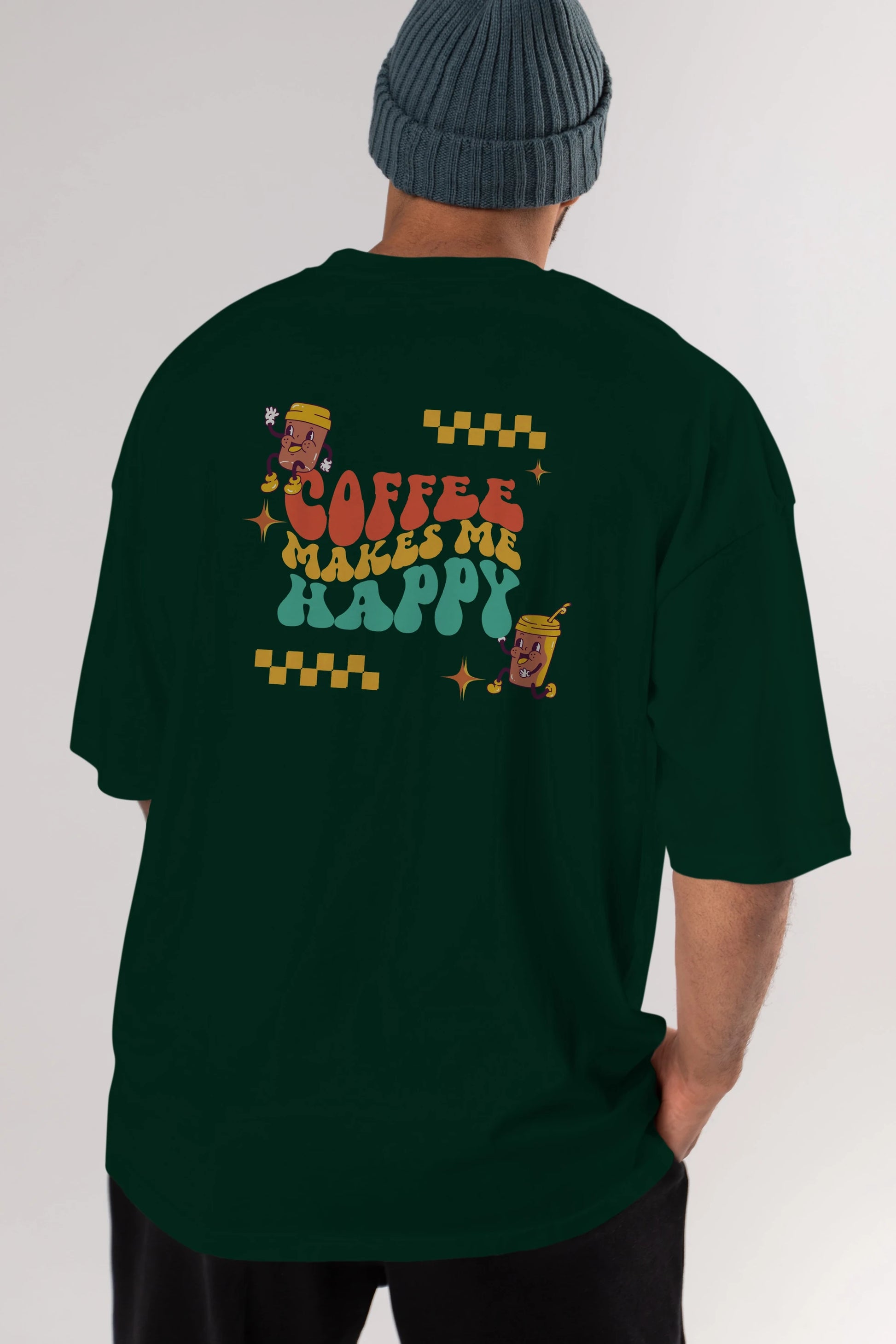 Coffee Makes Me Happy Yazılı Arka Baskılı Oversize t-shirt Erkek Kadın Unisex