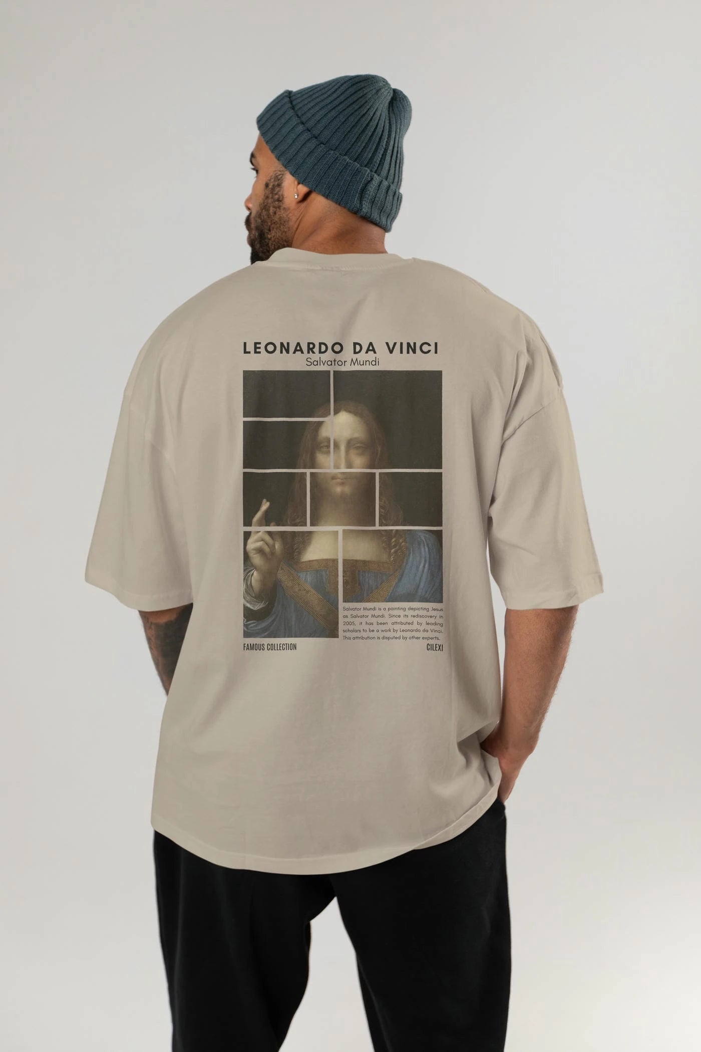 Salvador Mundi Arka Baskılı Oversize t-shirt Erkek Kadın Bisiklet Yaka Pamuk tişort