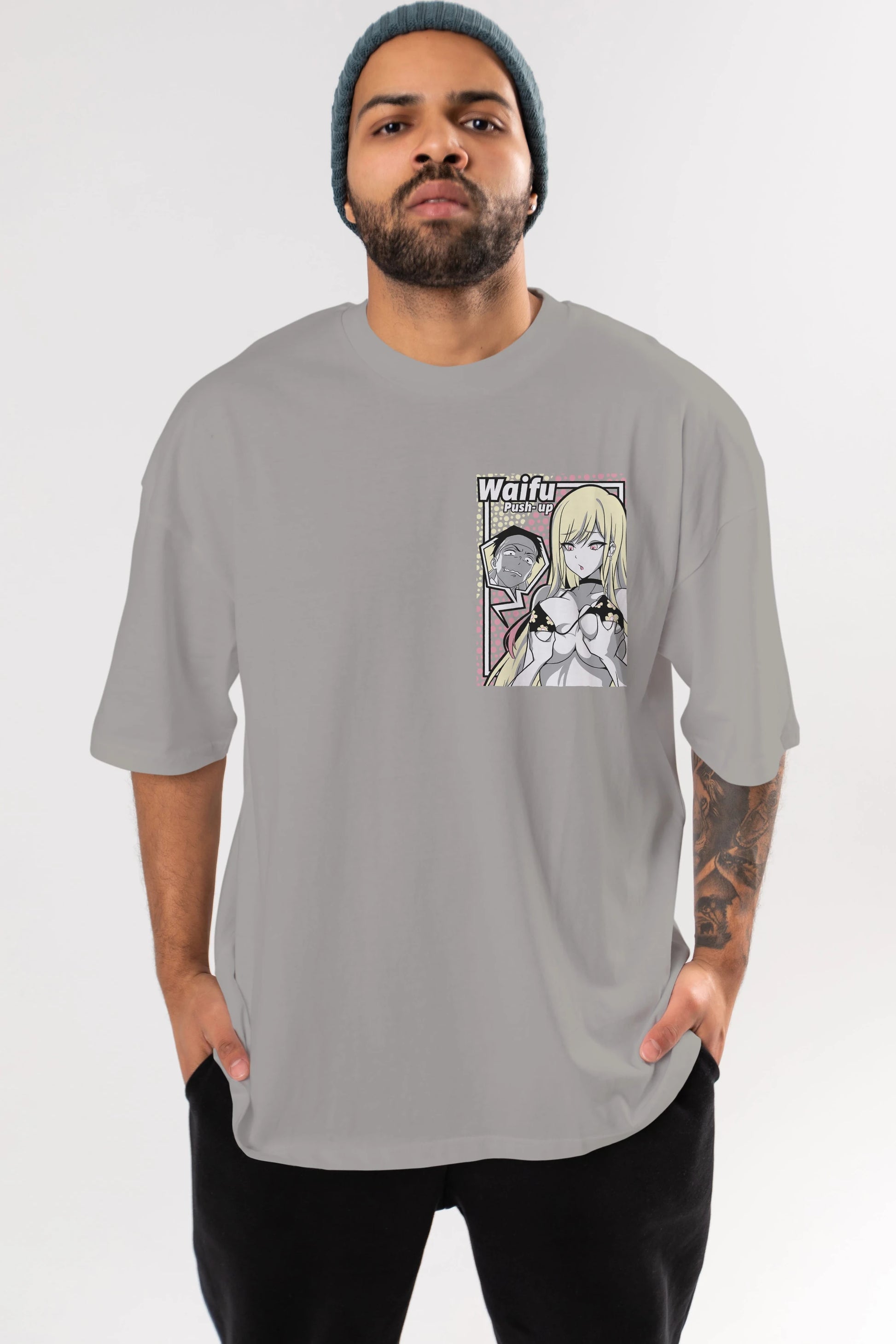 Waifu PushUp Ön Sol Baskılı Oversize t-shirt Erkek Kadın Unisex %100 Pamuk Bisiklet Yaka tişort