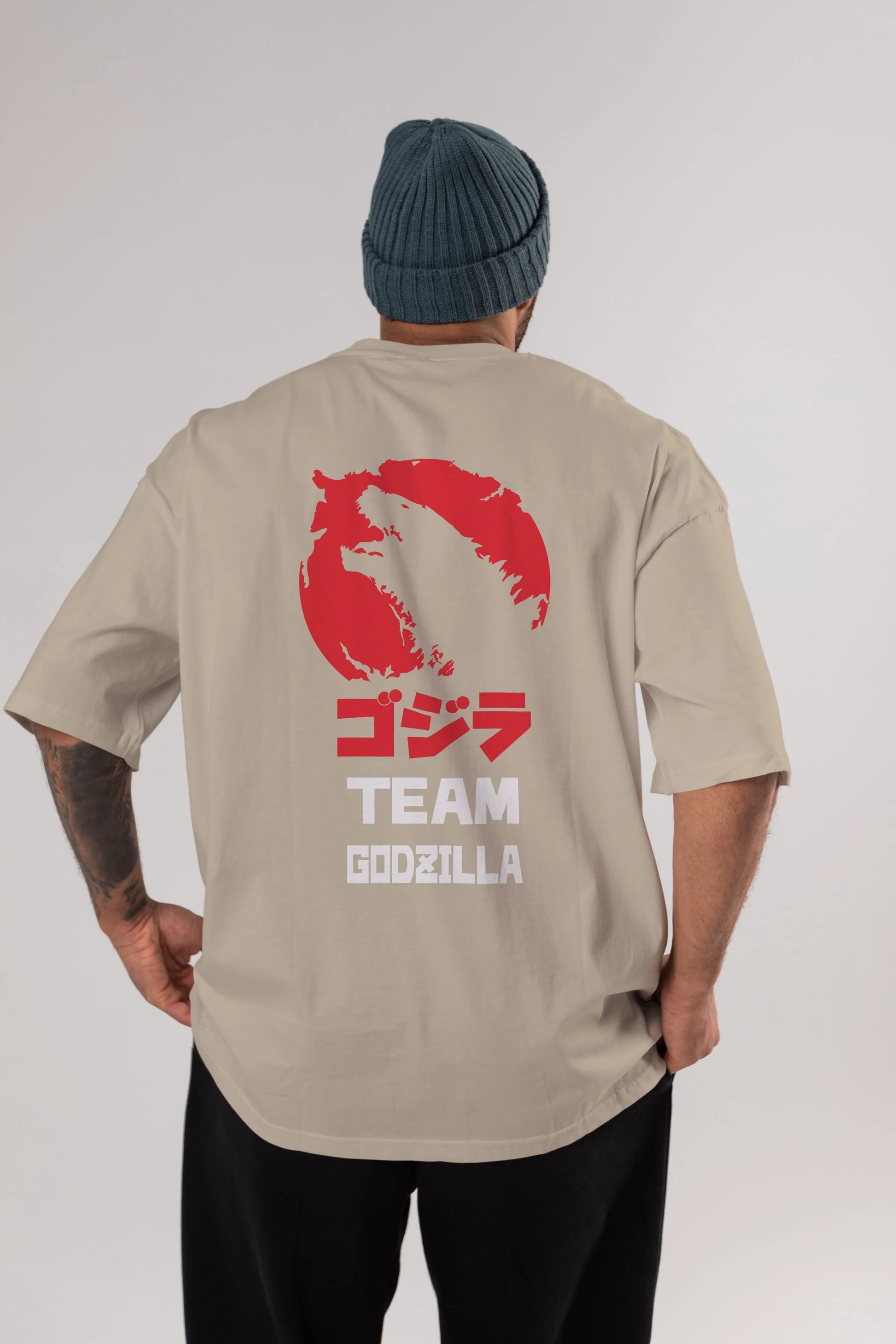 Team Godzilla Arka Baskılı Oversize t-shirt Erkek Kadın Unisex %100 Pamuk Bisiklet Yaka tişort