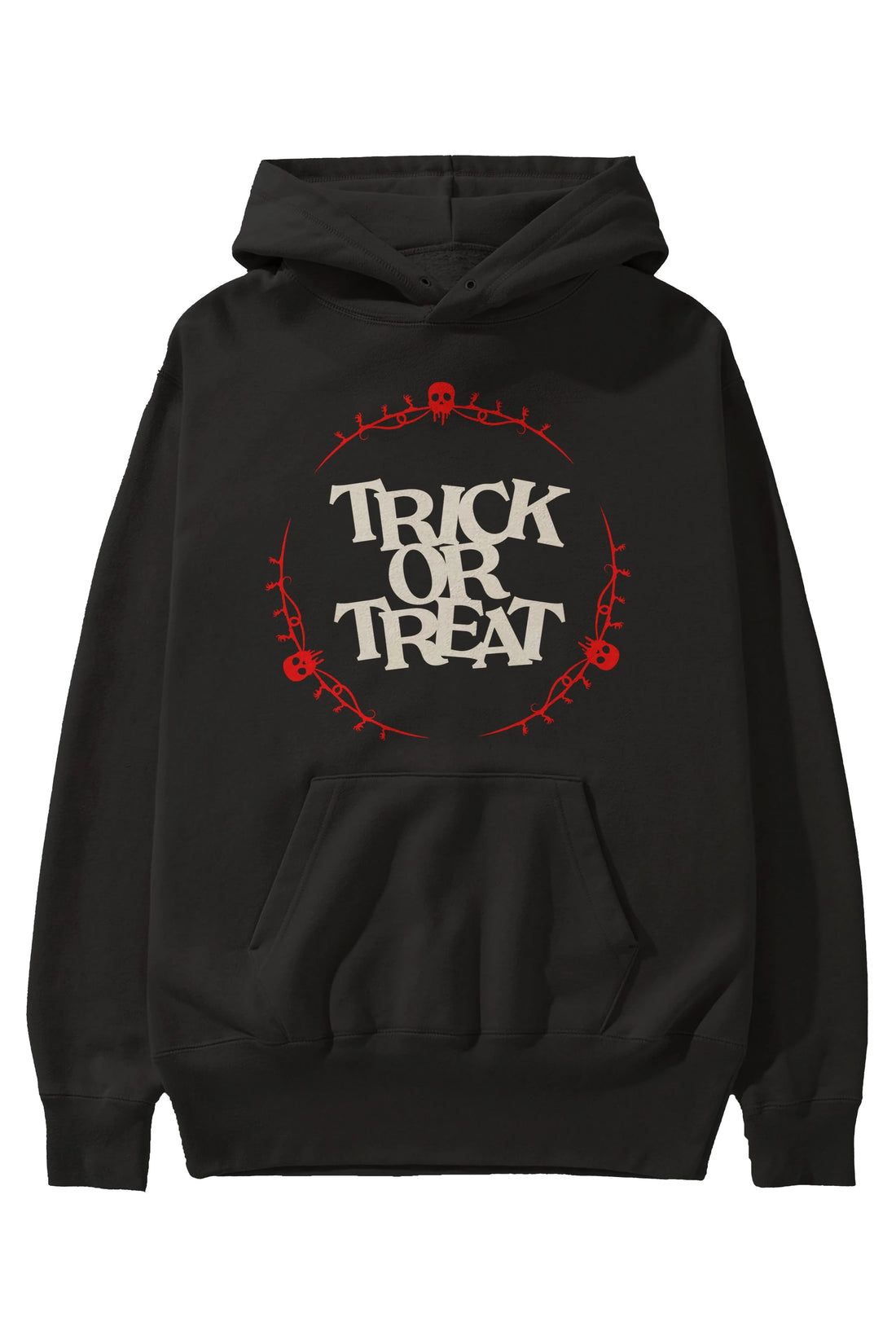 Trick or Treat Yazılı Ön Baskılı Oversize Hoodie Kapüşonlu Sweatshirt Erkek Kadın Unisex