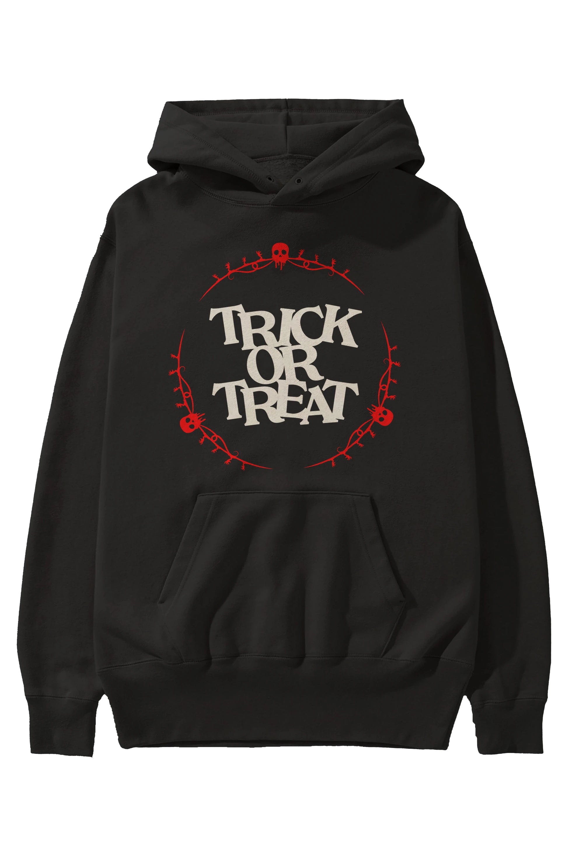 Trick or Treat Yazılı Ön Baskılı Oversize Hoodie Kapüşonlu Sweatshirt Erkek Kadın Unisex