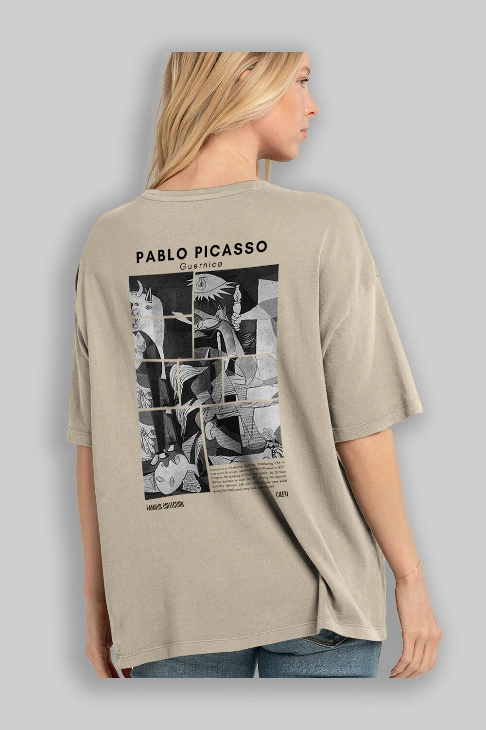 Pablo Picasso Guernica Arka Baskılı Oversize t-shirt Erkek Kadın Bisiklet Yaka Pamuk tişort