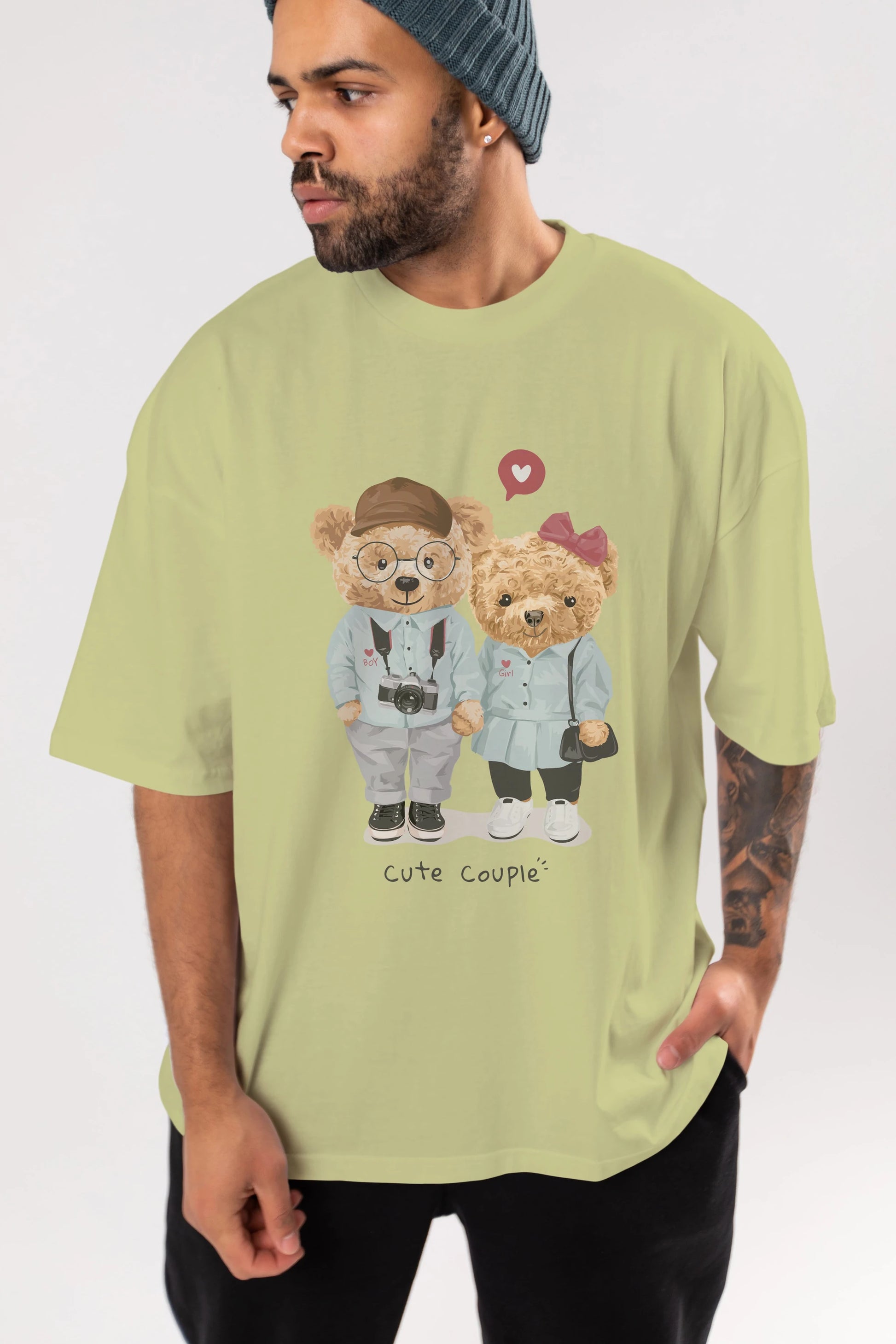 Teddy Bear Cute Couple Ön Baskılı Oversize t-shirt Erkek Kadın Unisex %100 Pamuk