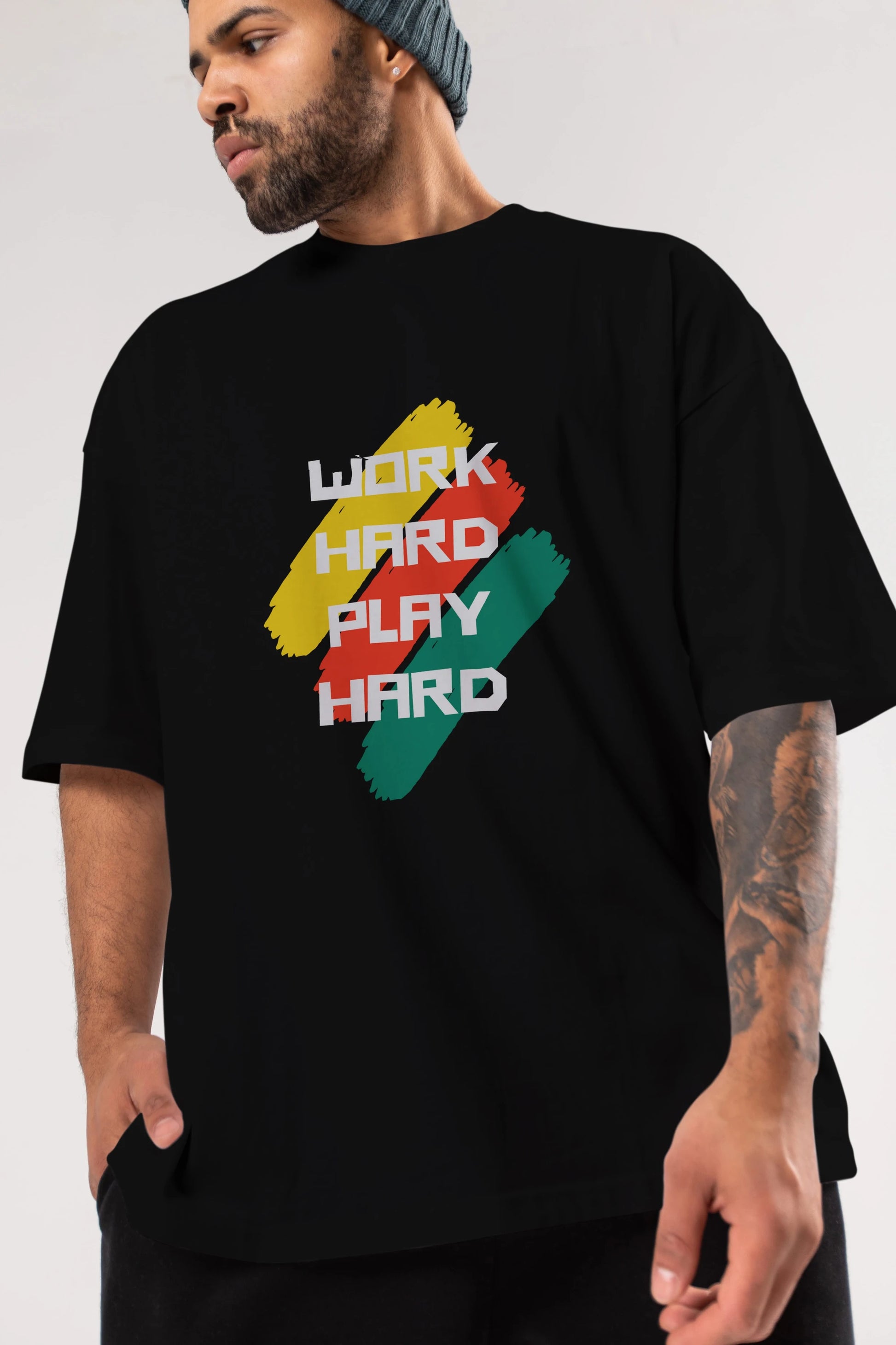Work Hard Play Hard 2 Ön Baskılı Oversize t-shirt Erkek Kadın Unisex