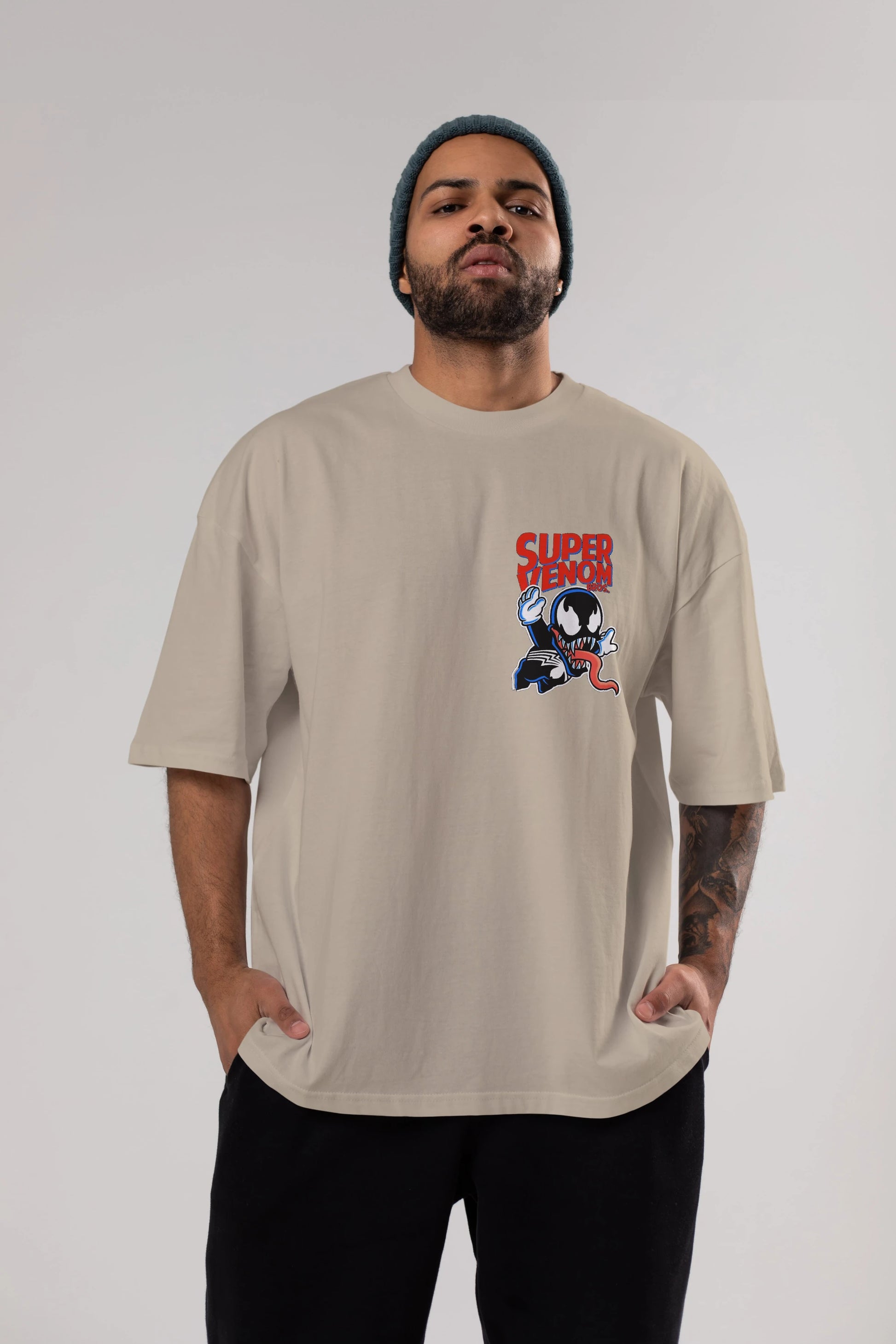 Super Venom Ön Sol Baskılı Oversize t-shirt Erkek Kadın Unisex %100 Pamuk Bisiklet Yaka tişort