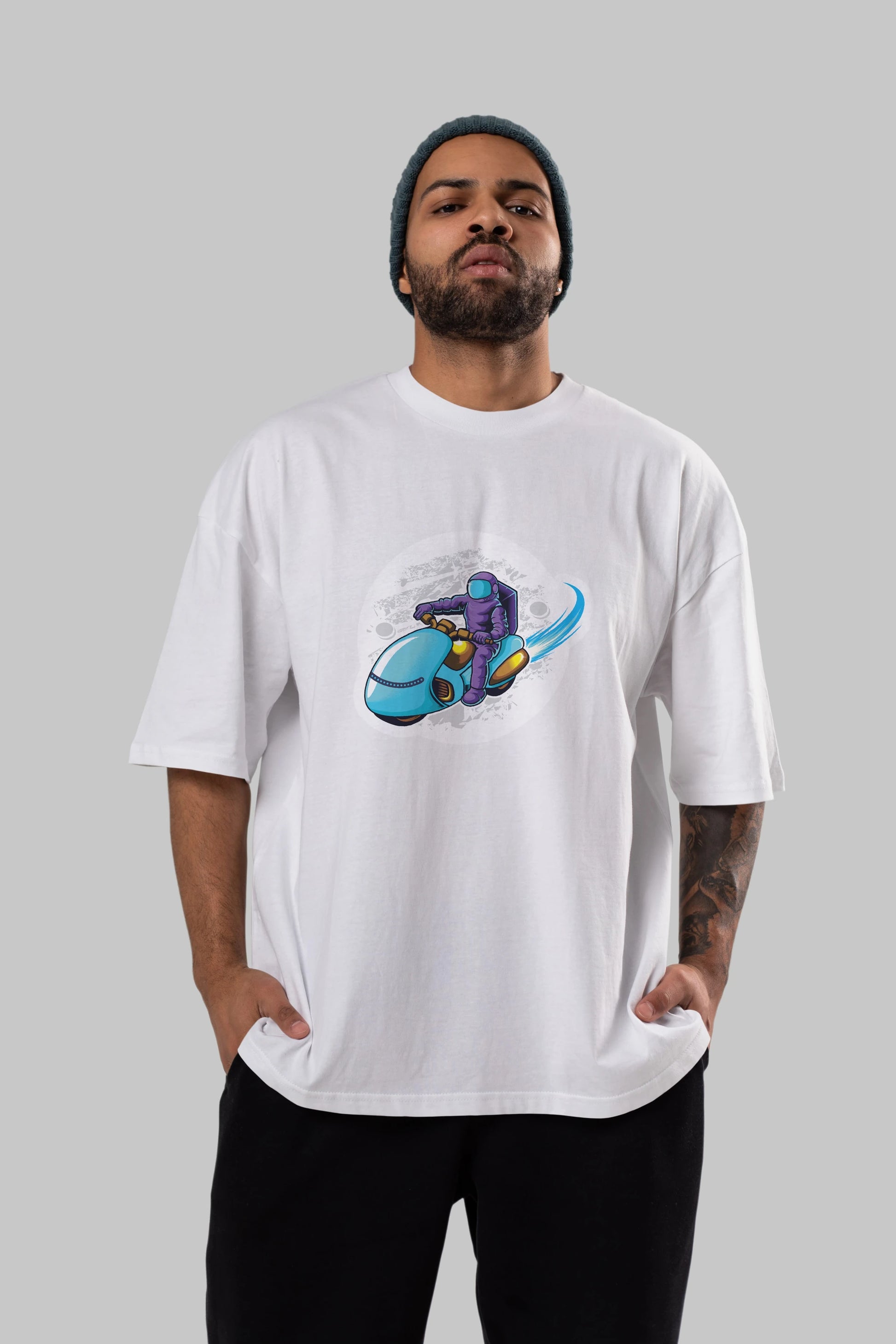 Astrorider in Space Sticker Ön Baskılı Oversize t-shirt Erkek Kadın Unisex
