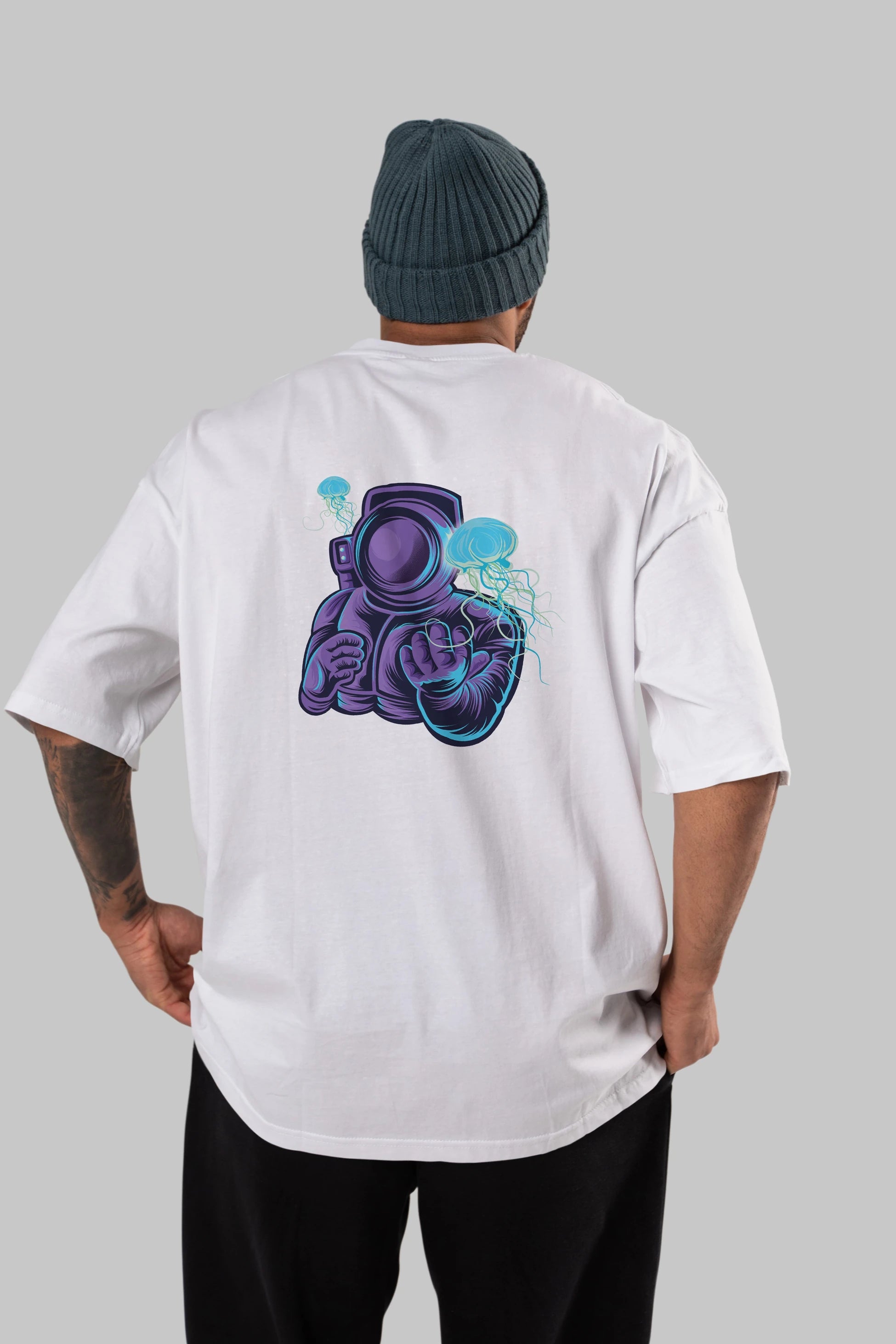 Astronaut and Jellyfish Arka Baskılı Oversize t-shirt Erkek Kadın Unisex