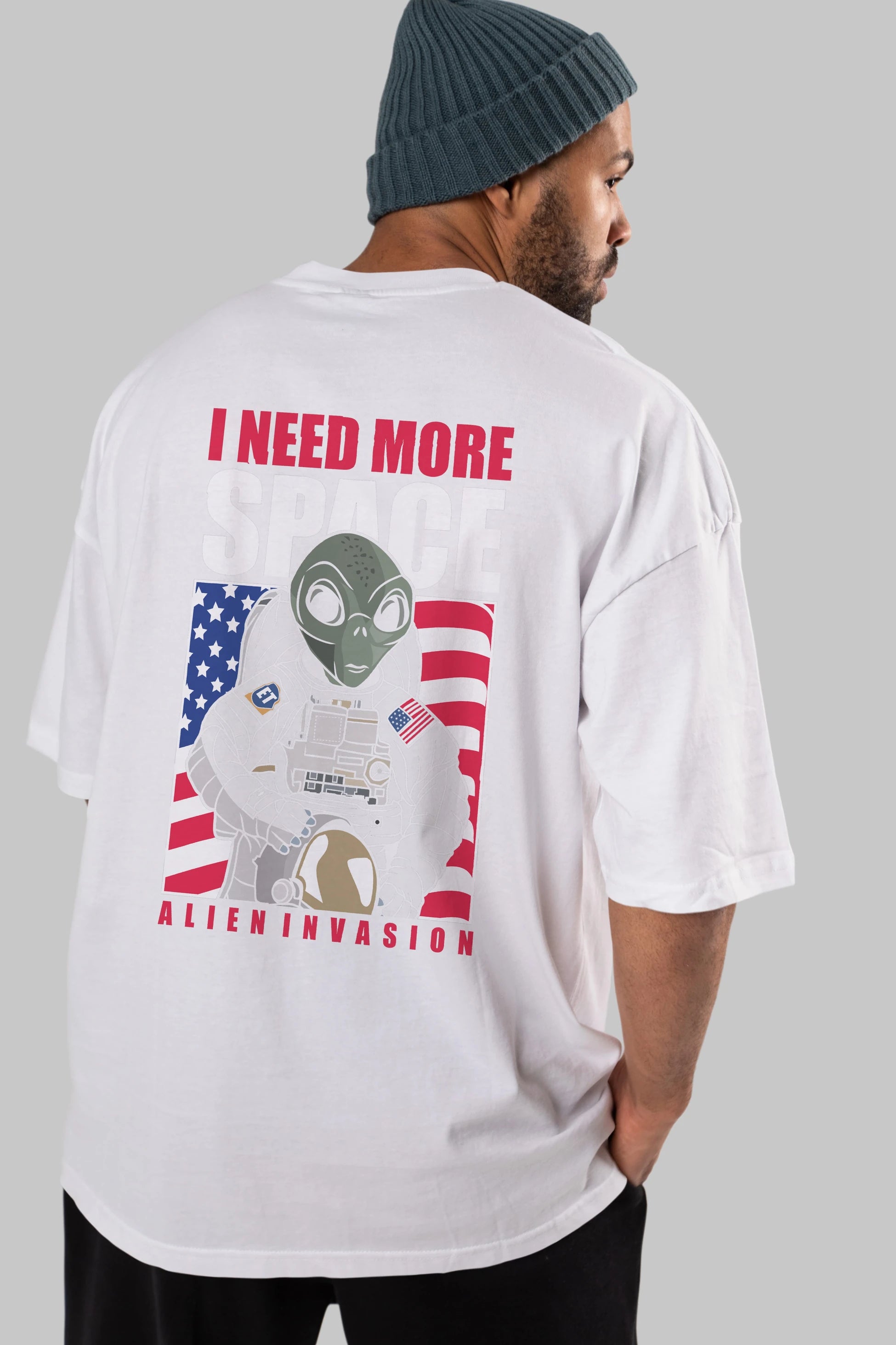 Alien Astronaut Arka Baskılı Oversize t-shirt Erkek Kadın Unisex %100 Pamuk tişort