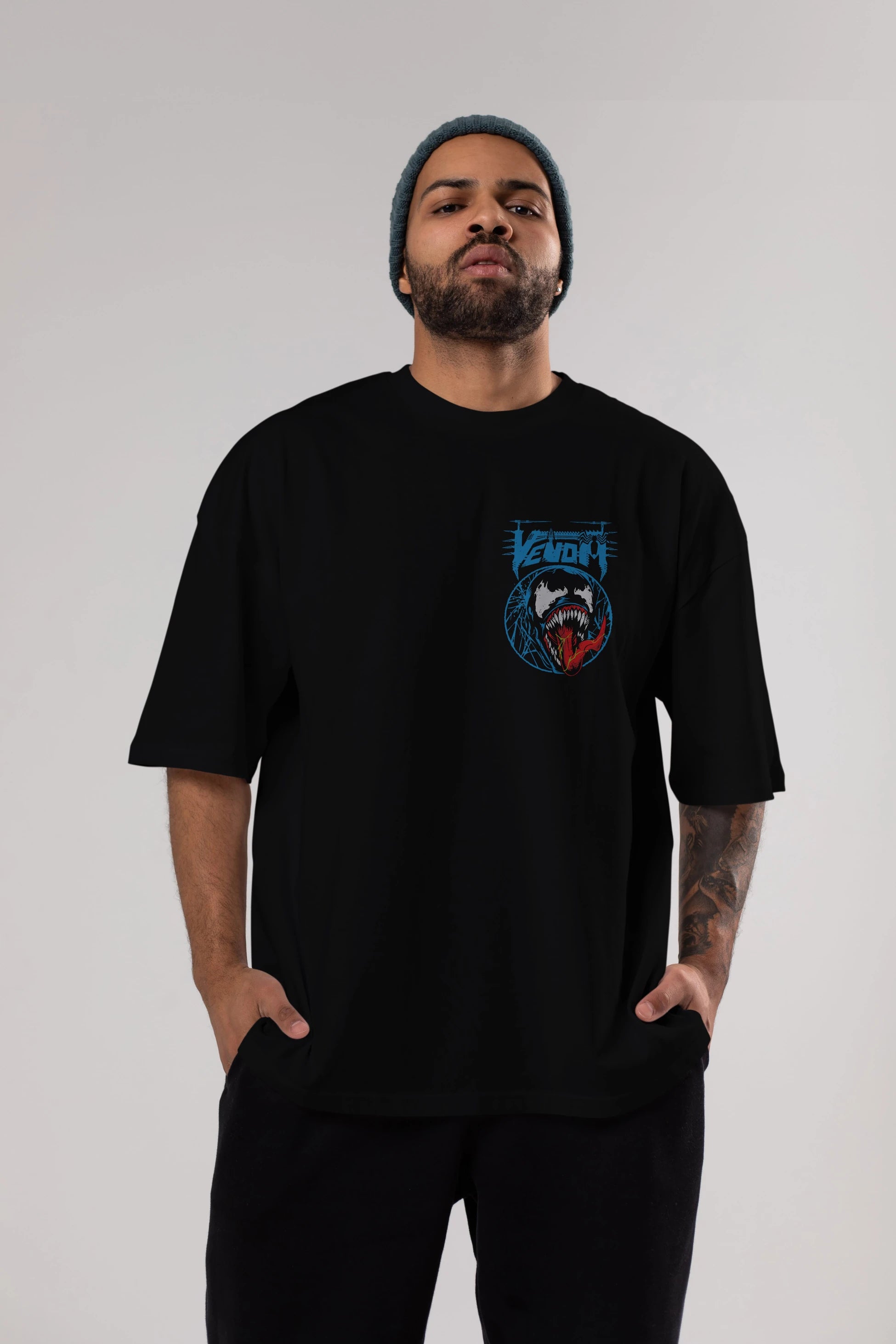 Venom (23) Ön Sol Baskılı Oversize t-shirt Erkek Kadın Unisex %100 Pamuk Bisiklet Yaka tişort