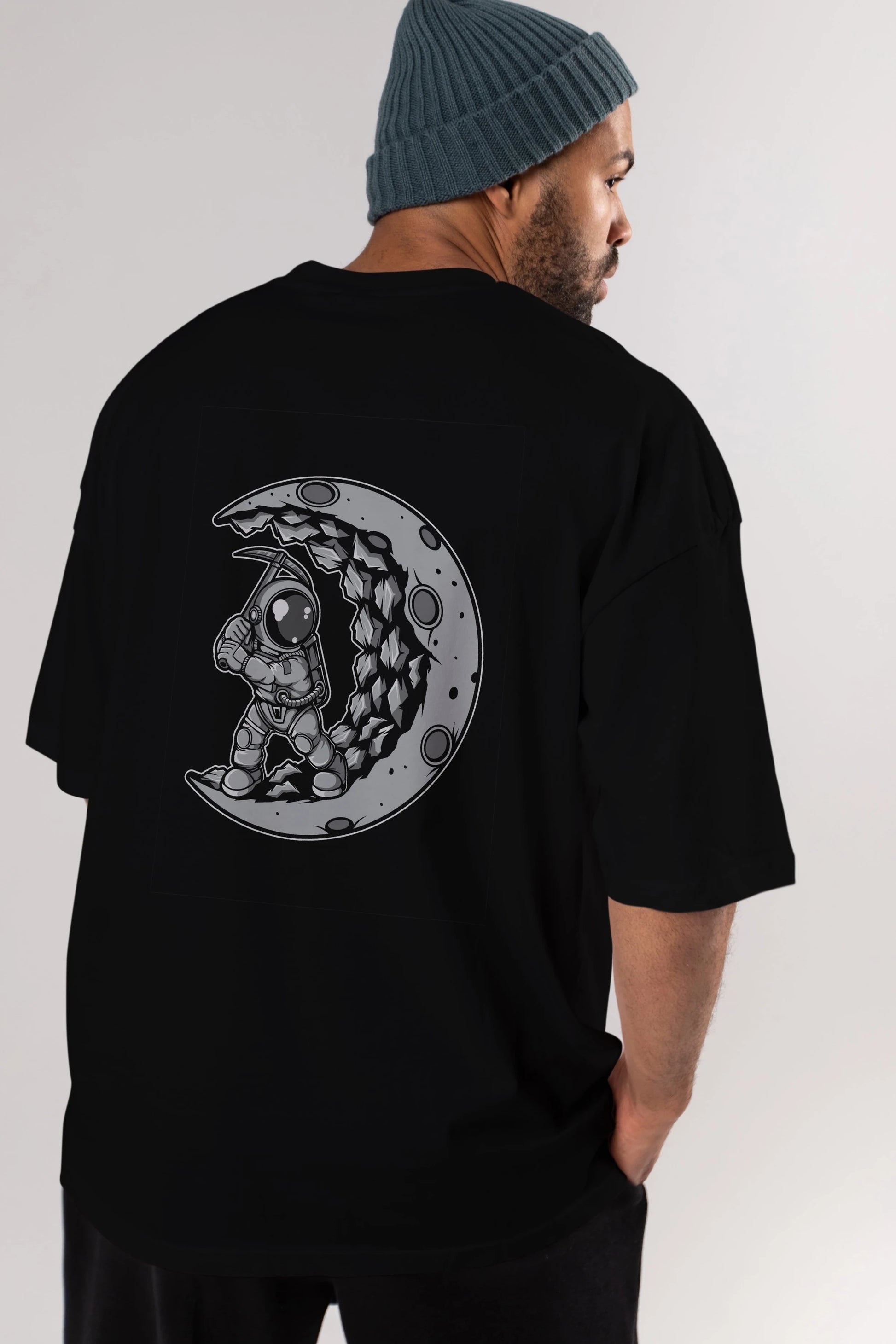 Astronaut Moon Digger Arka Baskılı Oversize t-shirt Erkek Kadın Unisex