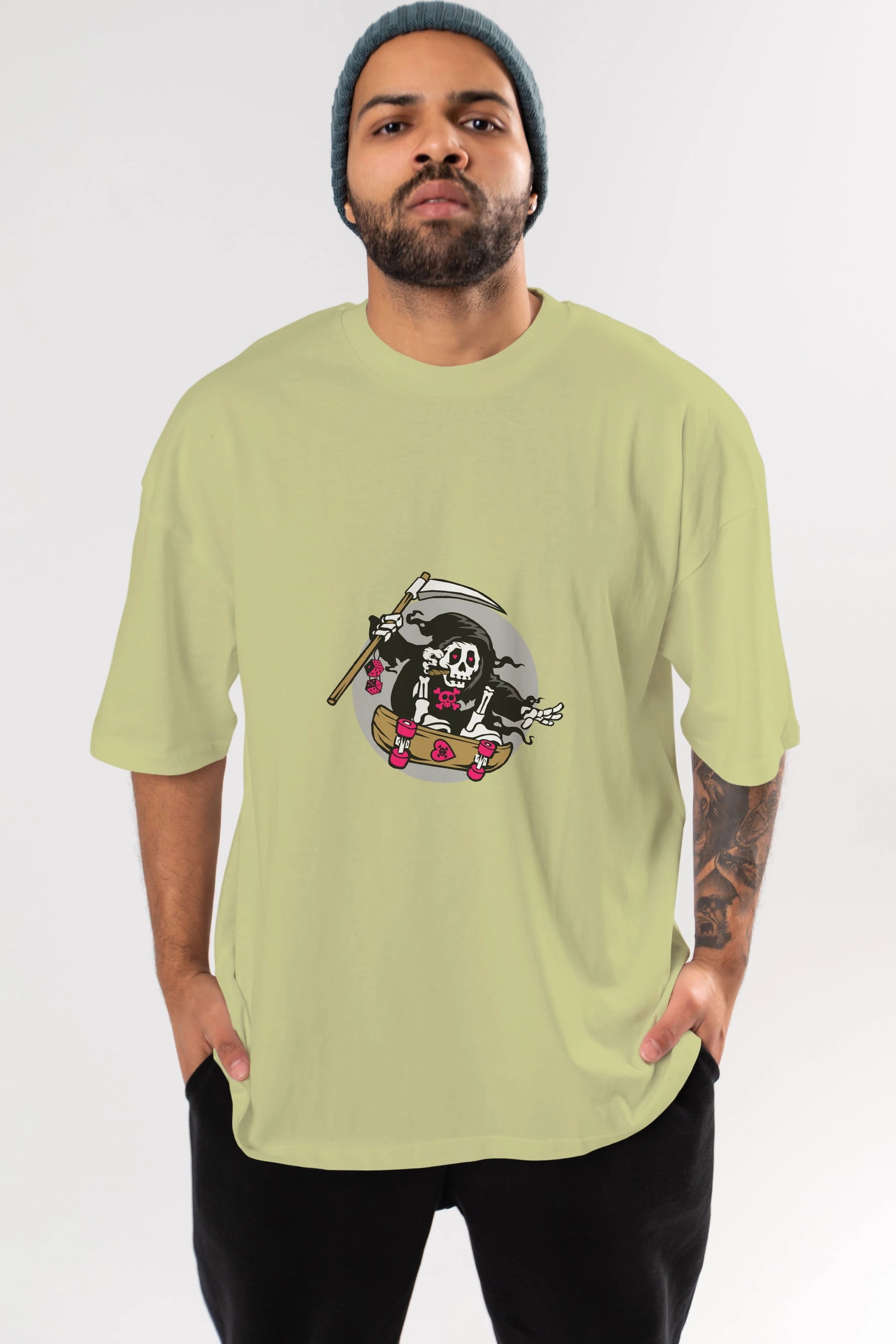 Grim Skater Ön Baskılı Oversize t-shirt Erkek Kadın Unisex %100 Pamuk tişort