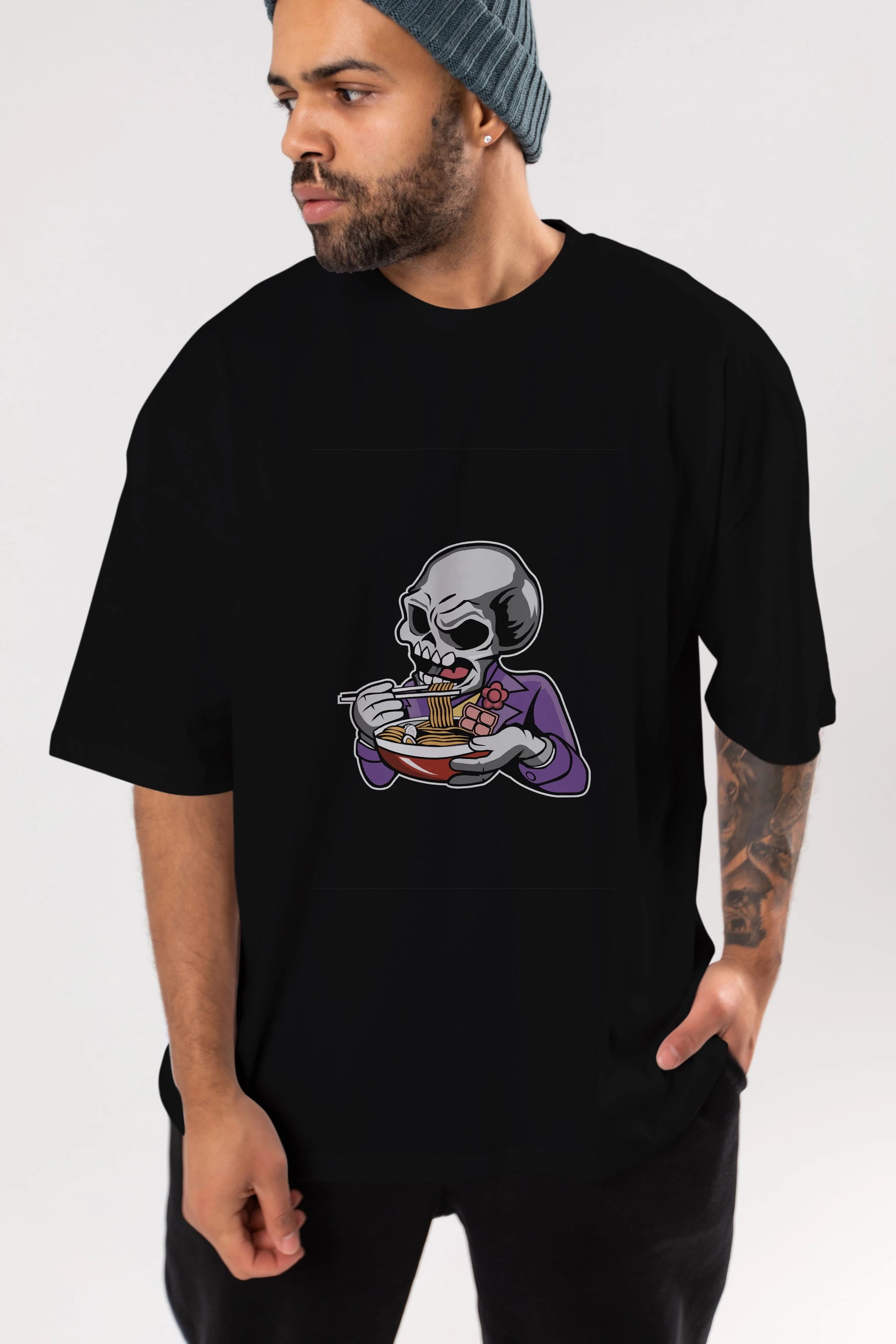 Skull Ramen Ön Baskılı Oversize t-shirt Erkek Kadın Unisex %100 Pamuk tişort