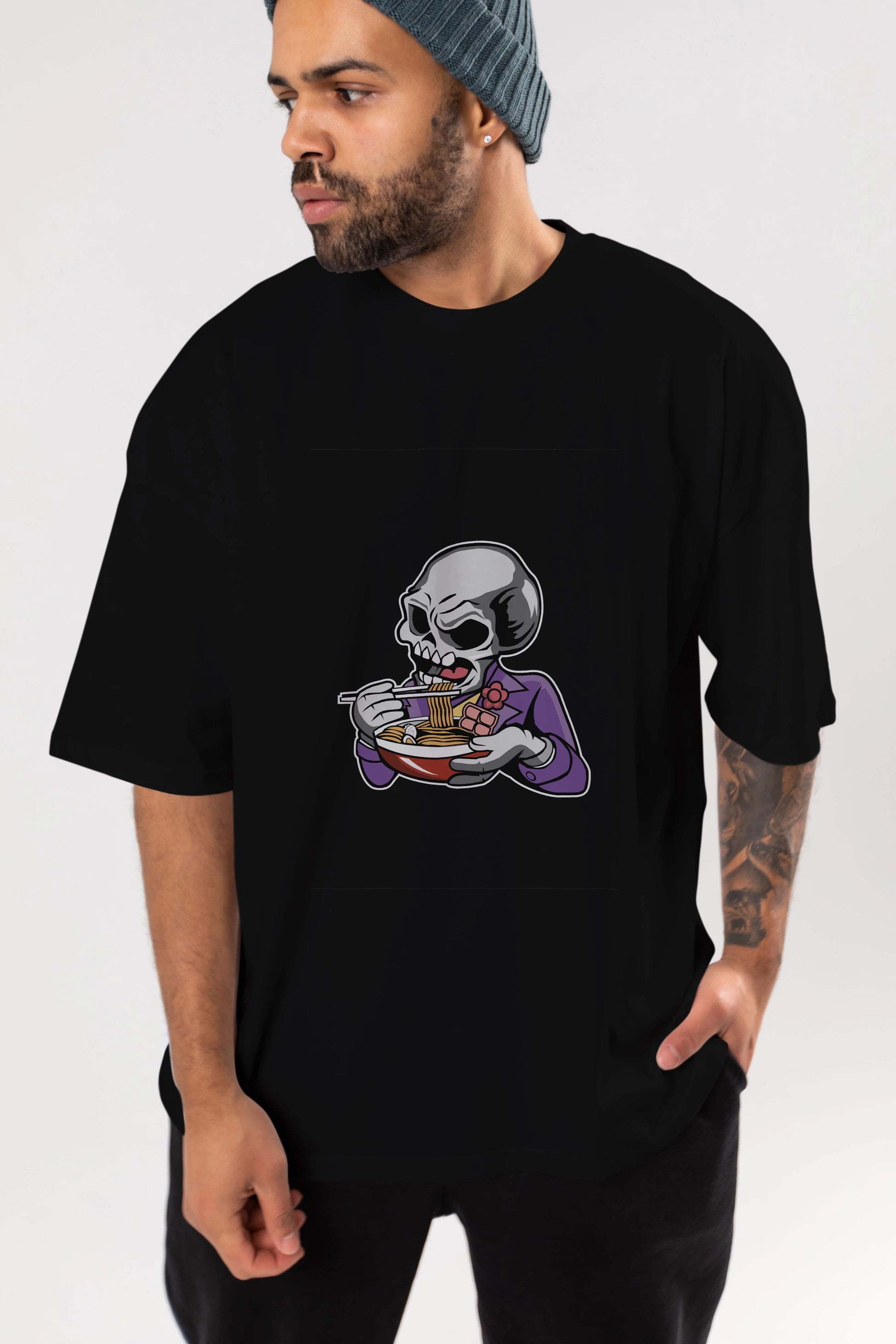 Skull Ramen Ön Baskılı Oversize t-shirt Erkek Kadın Unisex %100 Pamuk tişort