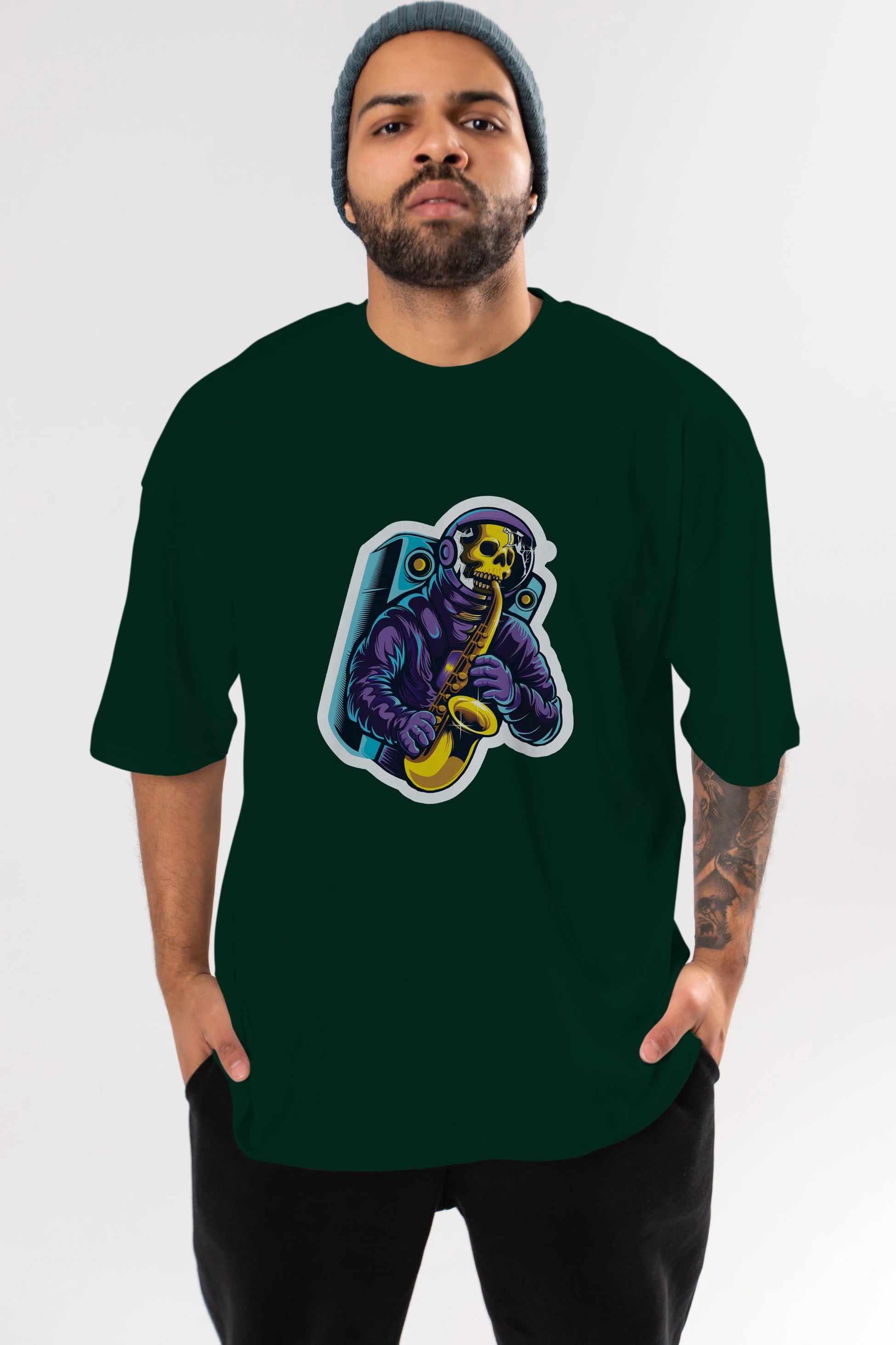 Astroskull Saxophonist Sticker Ön Baskılı Oversize t-shirt Erkek Kadın Unisex