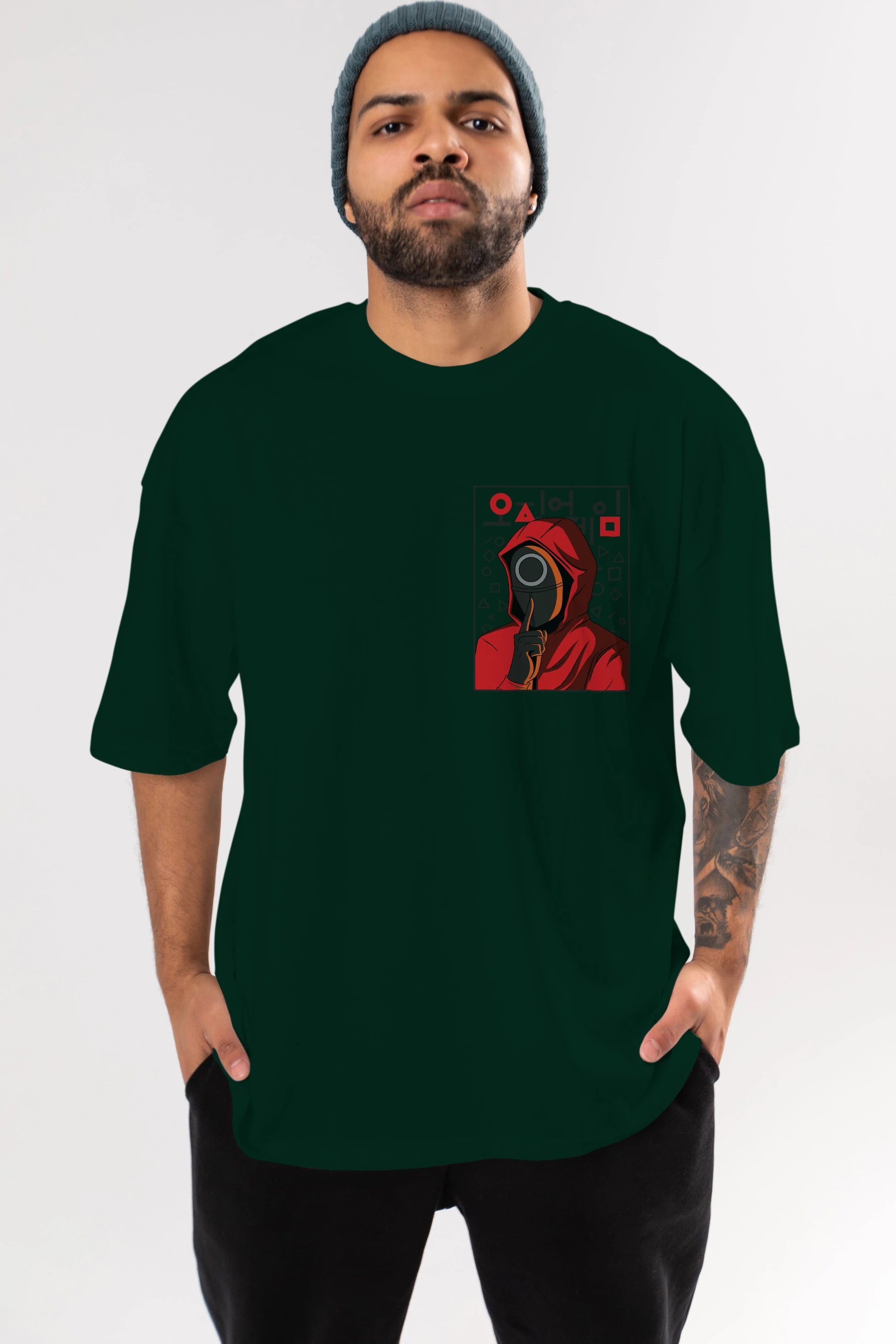 Squid Game (5) Ön Sol Baskılı Oversize t-shirt Erkek Kadın Unisex %100 Pamuk Bisiklet Yaka tişort