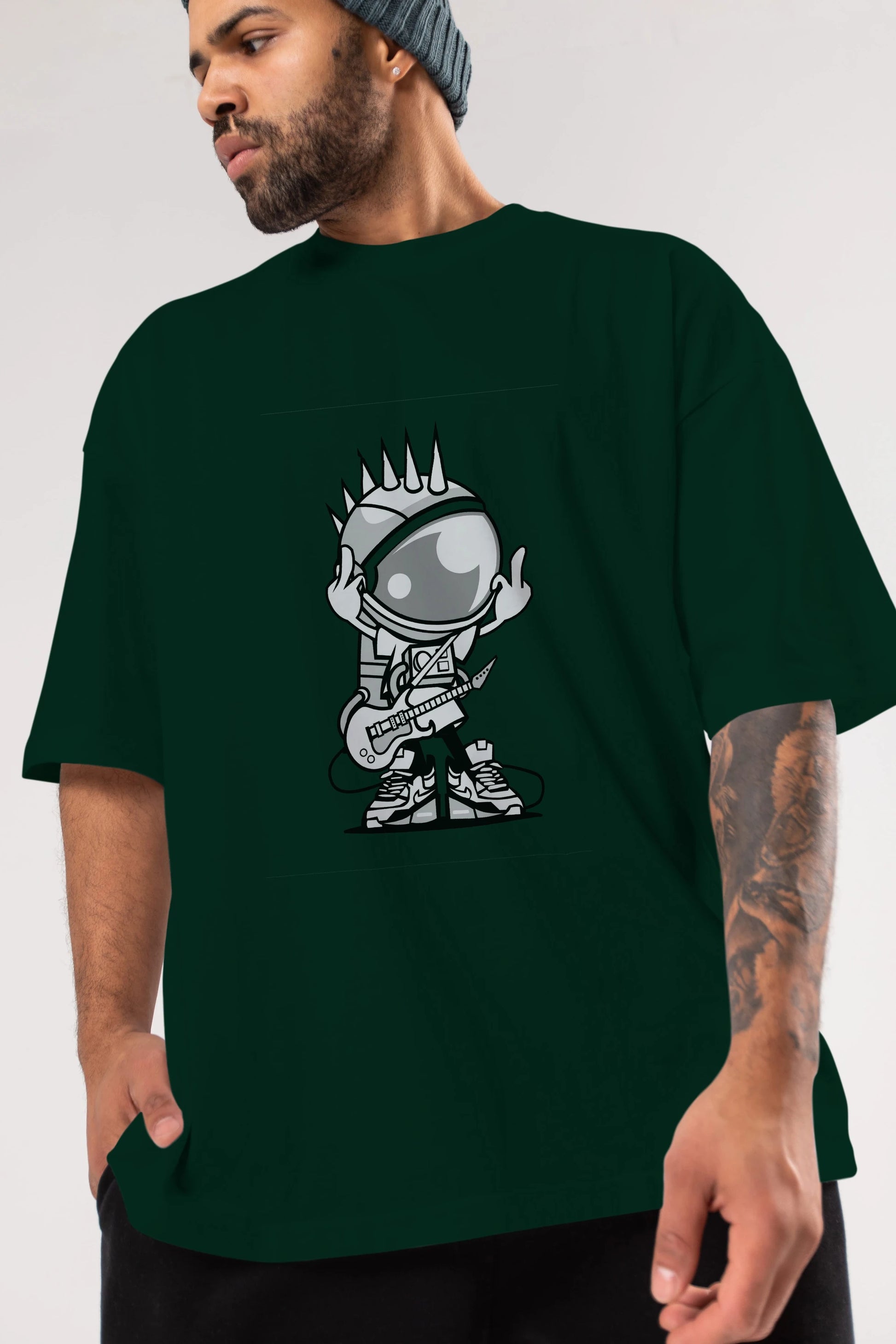 Astronaut Punk Rock Ön Baskılı Oversize t-shirt Erkek Kadın Unisex %100 Pamuk tişort