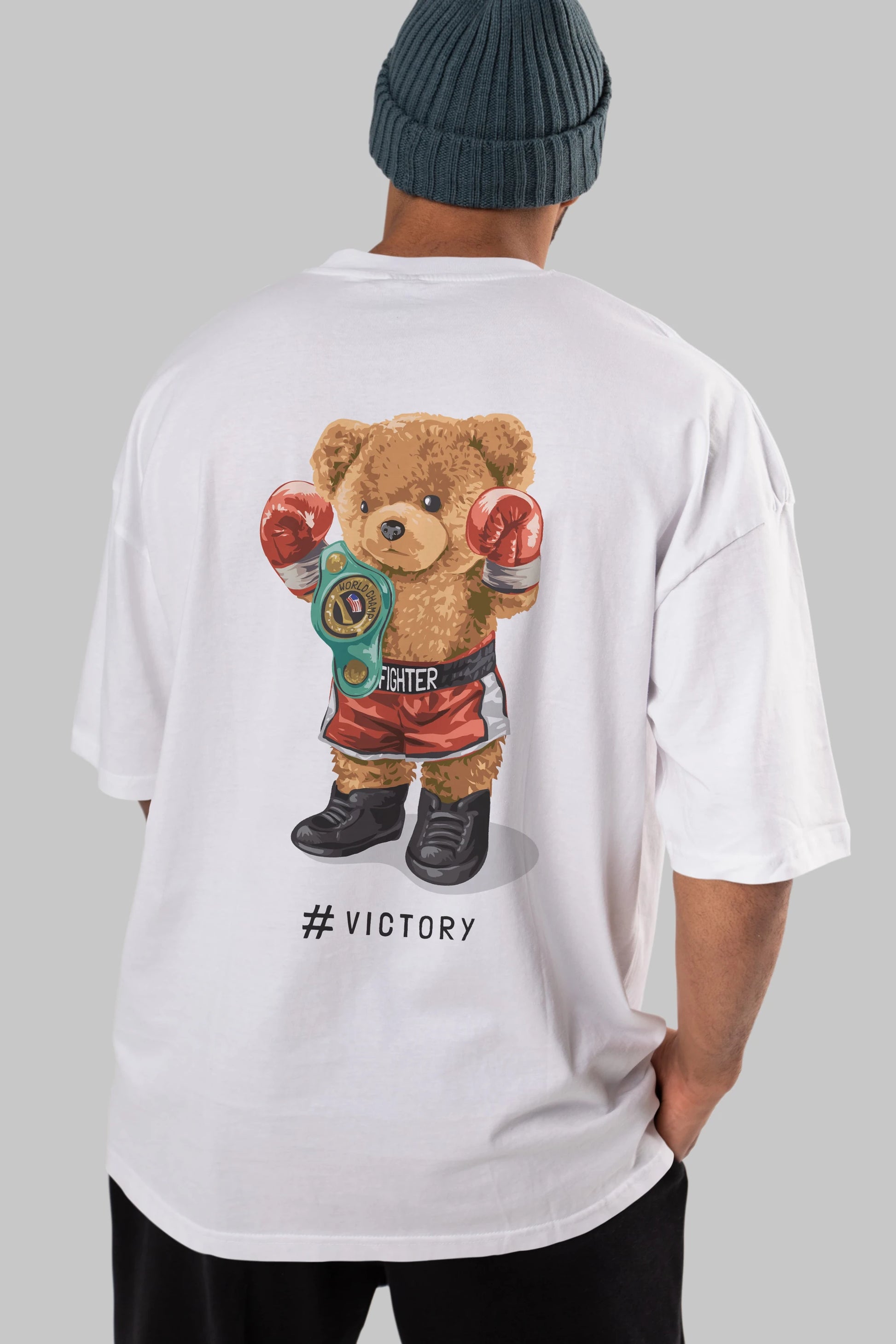 Teddy Bear Victory Arka Baskılı Oversize t-shirt Erkek Kadın Unisex %100 Pamuk