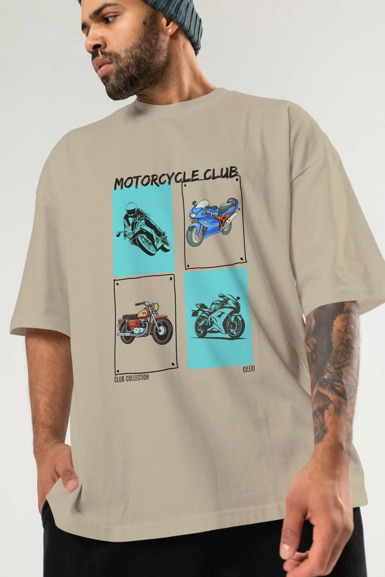 Motorcycle Club ön Baskılı Oversize t-shirt Erkek Kadın %100 Pamuk Bisiklet Yaka tişort