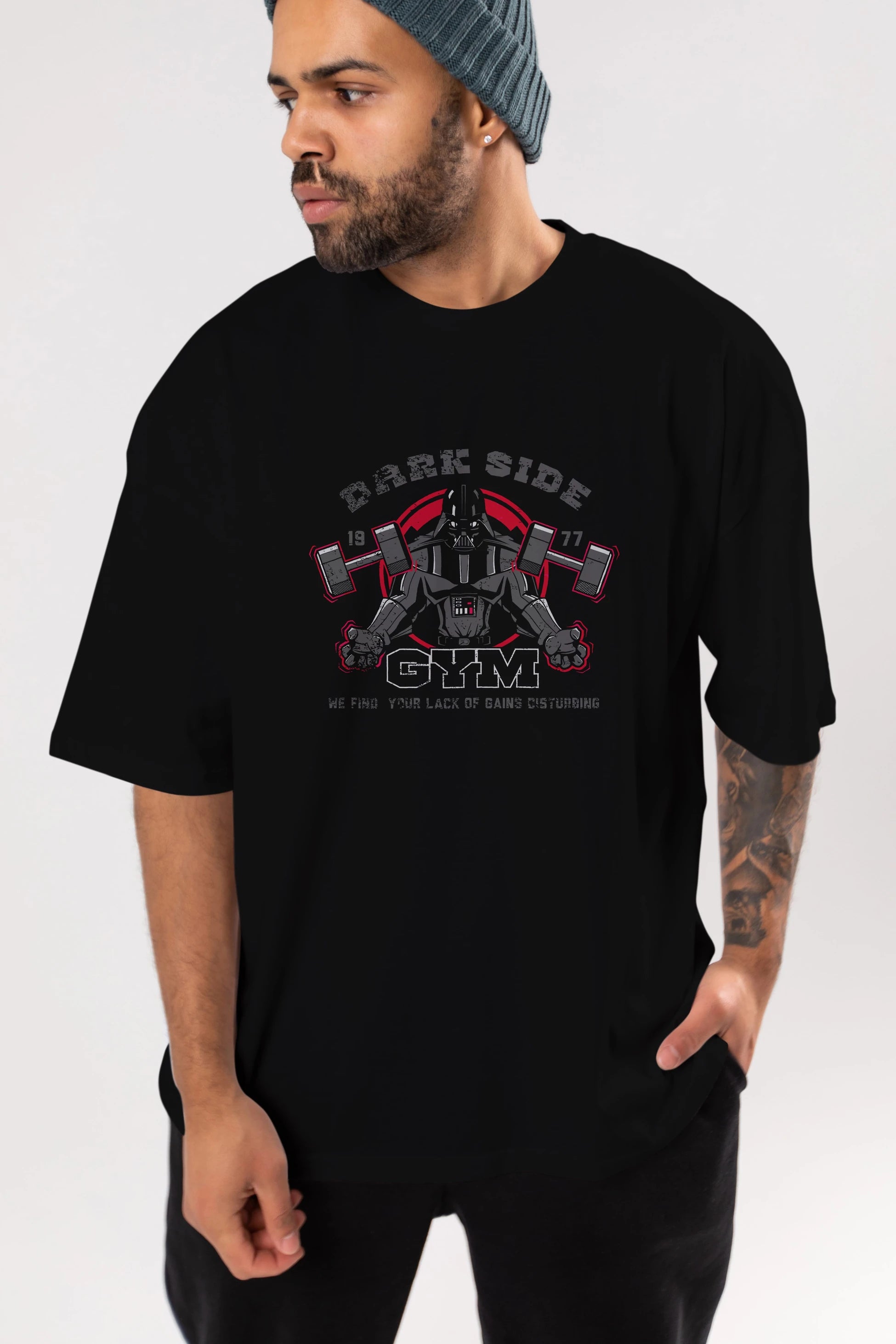 Darth Vader GYM Ön Baskılı Oversize t-shirt Erkek Kadın Unisex %100 Pamuk Bisiklet Yaka tişort